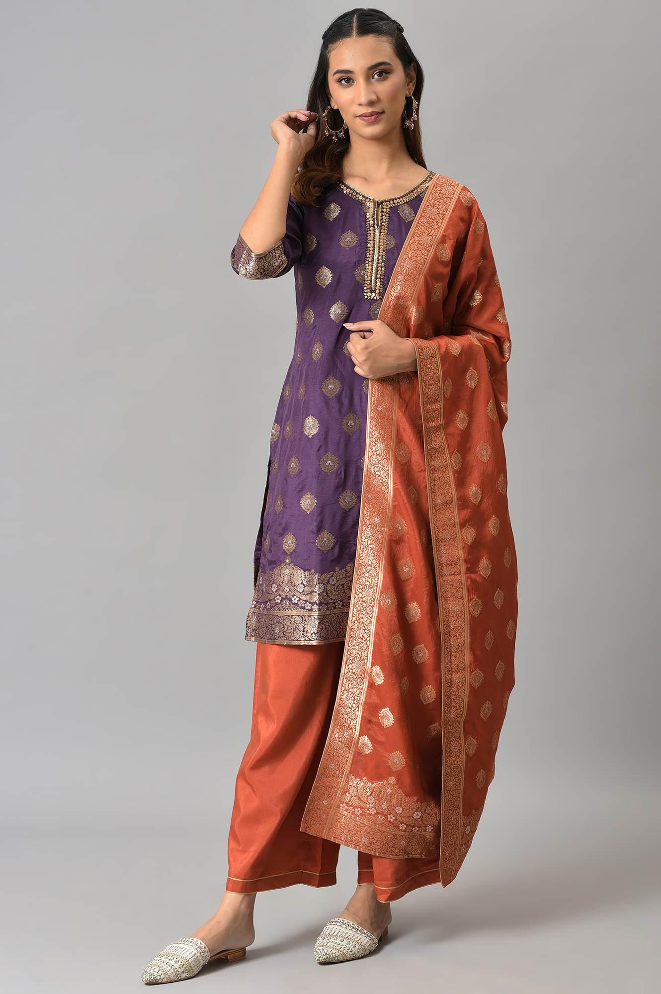 Purple Floral Print kurta With Orange Parallel Pants And Dupatta - wforwoman