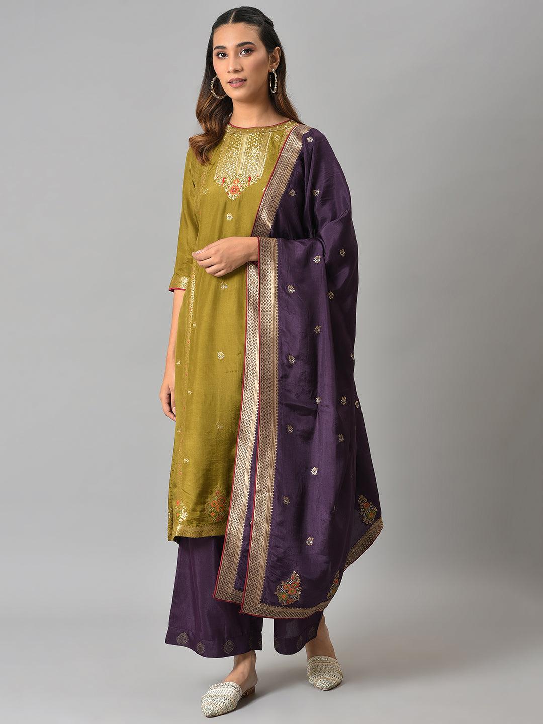 Dark Green Round Neck kurta With Purple Pants And Dupatta - wforwoman