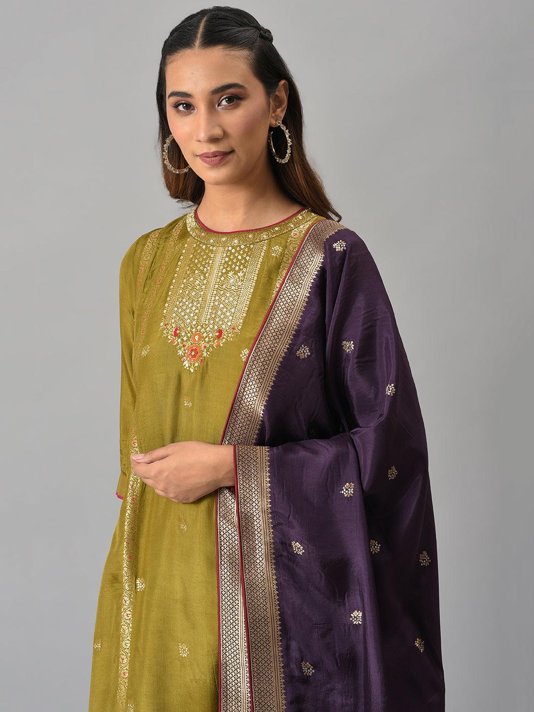 Dark Green Round Neck kurta With Purple Pants And Dupatta - wforwoman