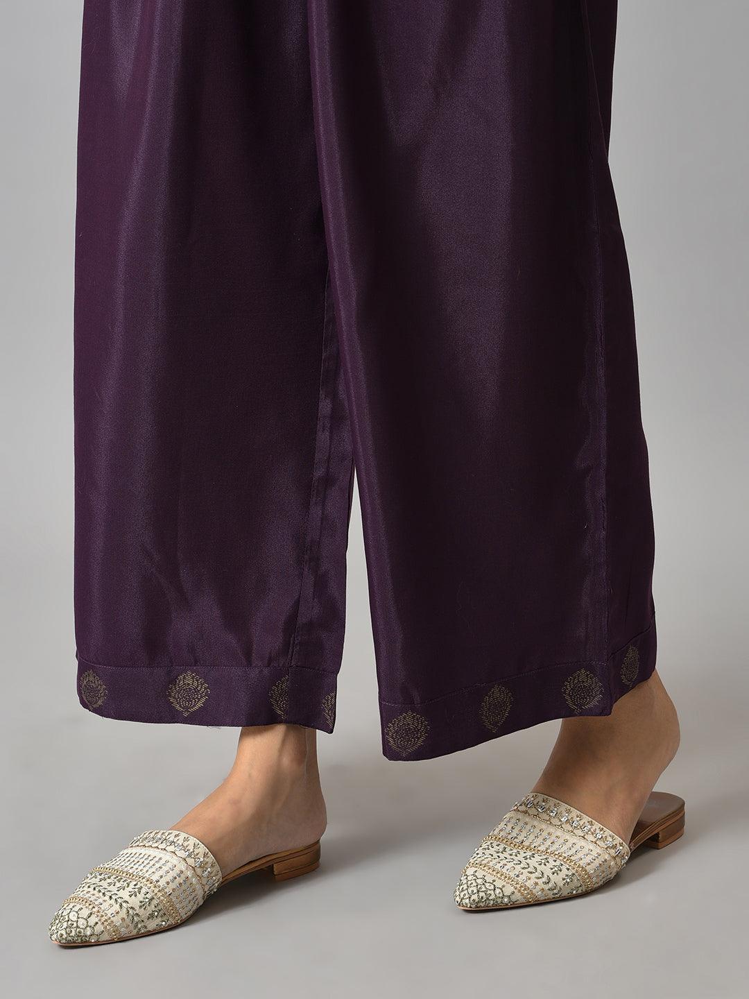 Dark Green Round Neck kurta With Purple Pants And Dupatta - wforwoman