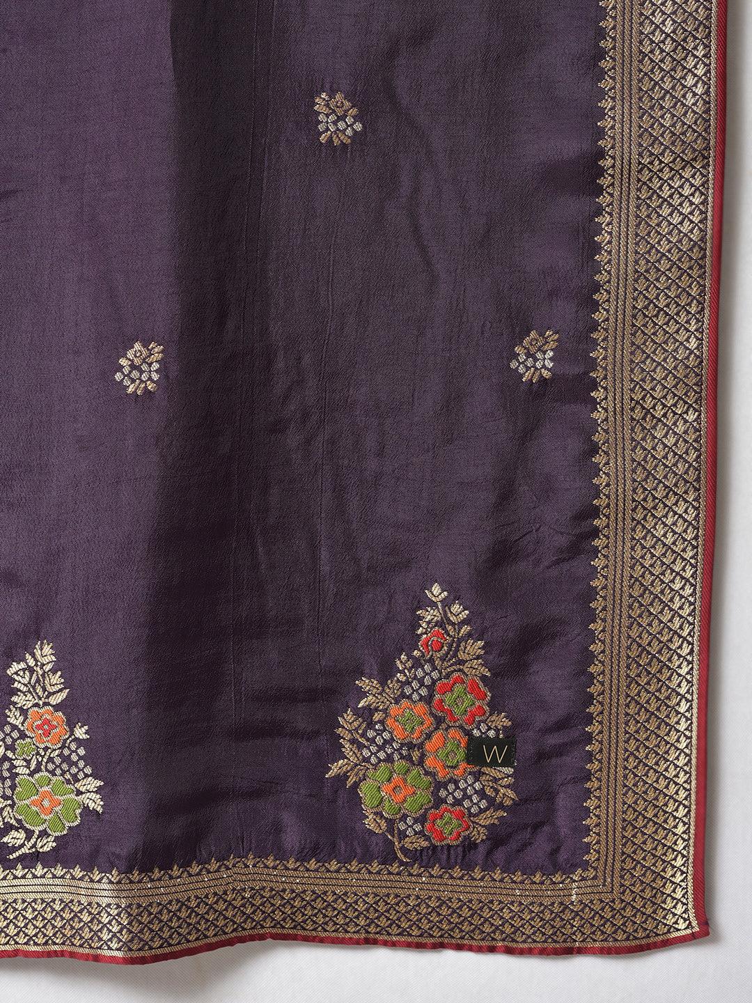 Dark Green Round Neck kurta With Purple Pants And Dupatta - wforwoman