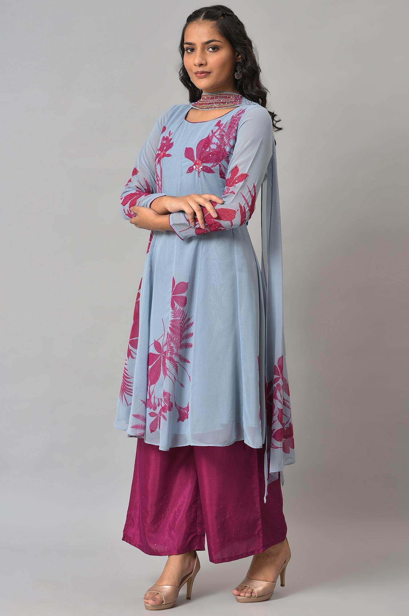 Light Blue Anarkali kurta With Pants And Predrape - wforwoman