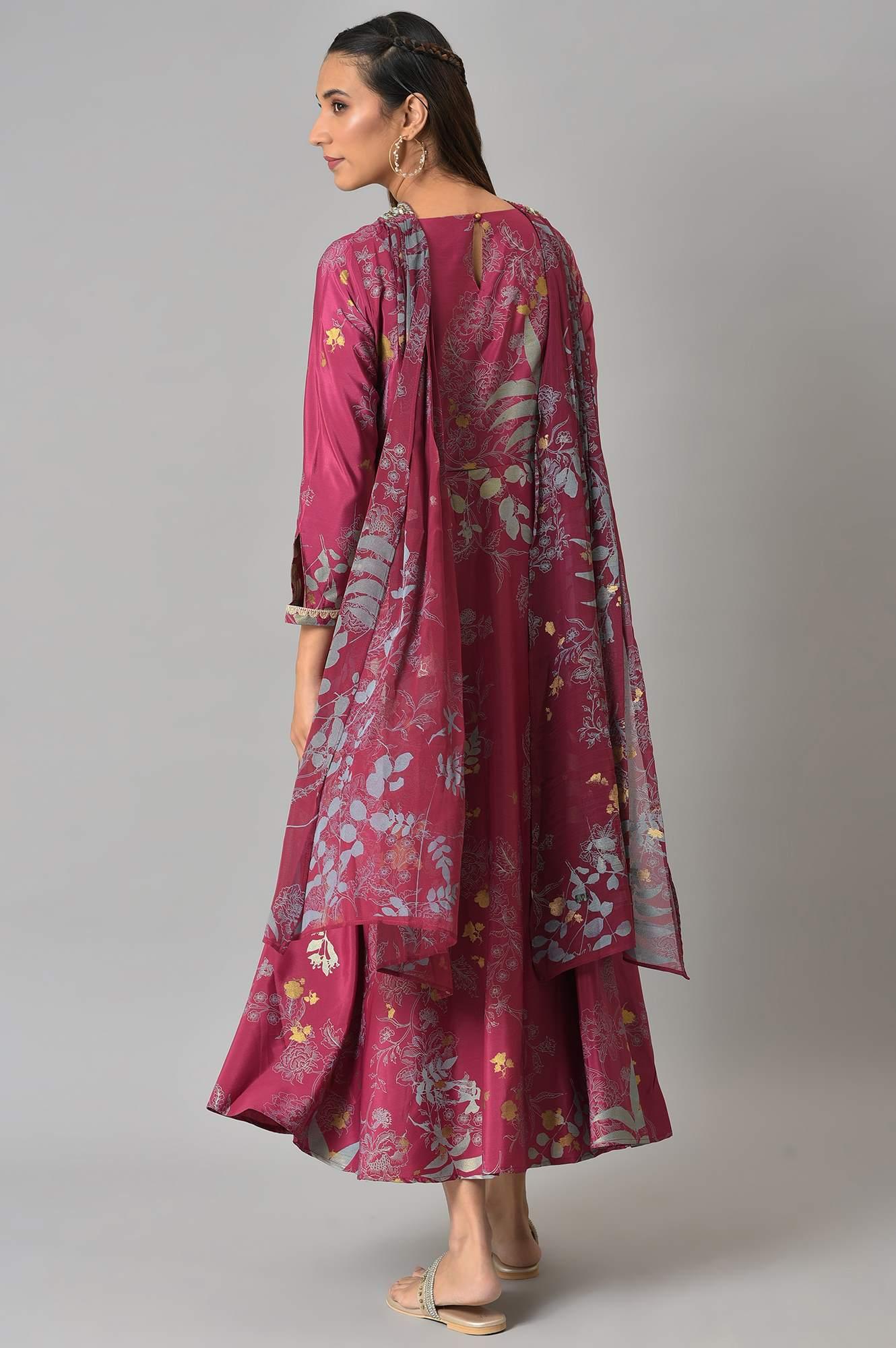 Purple French Crepe Long Dress With Dupatta - wforwoman