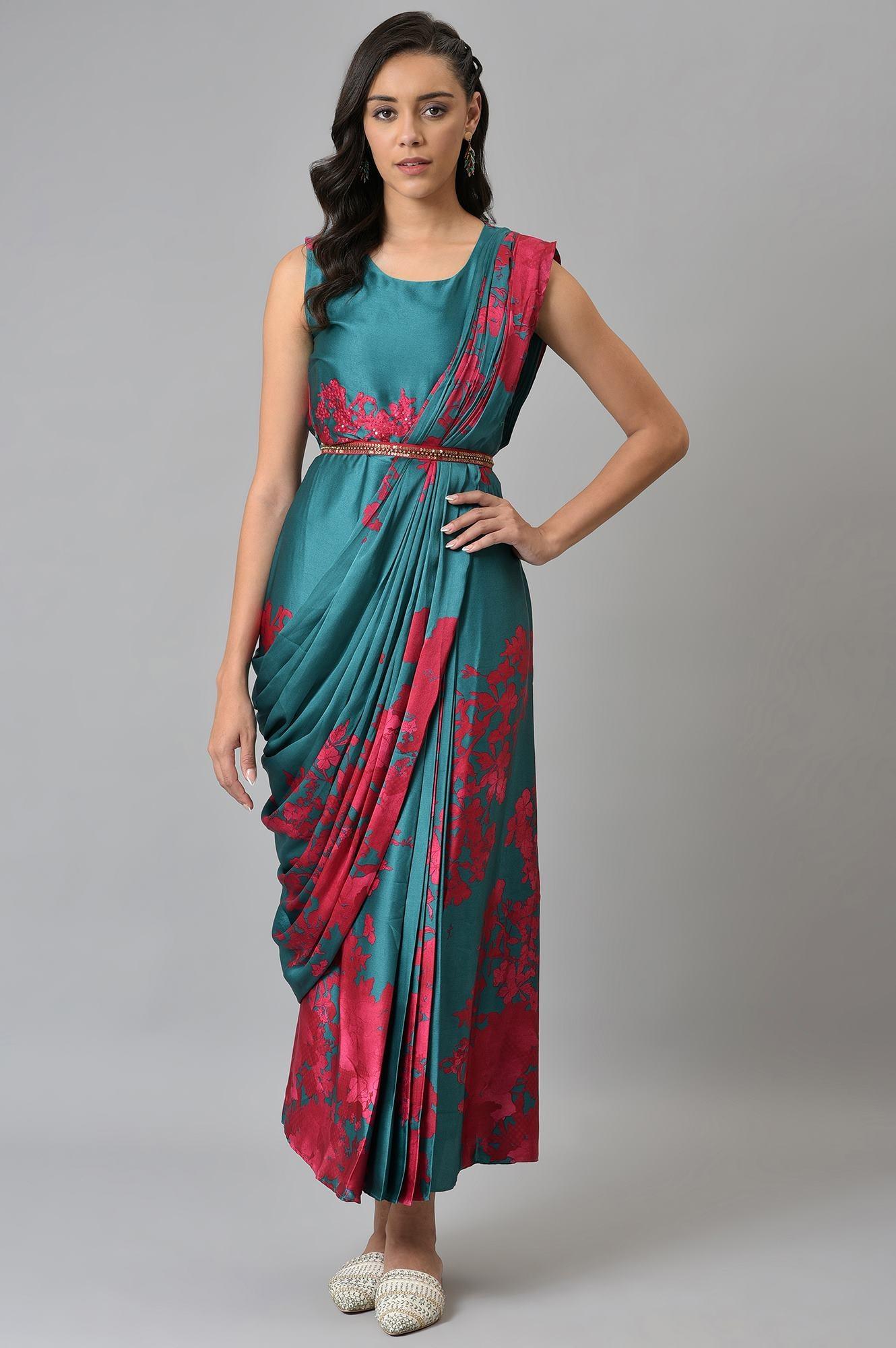 Green And Red Sleeveless Predrape Saree Dress With Belt And Tailored Jacket - wforwoman