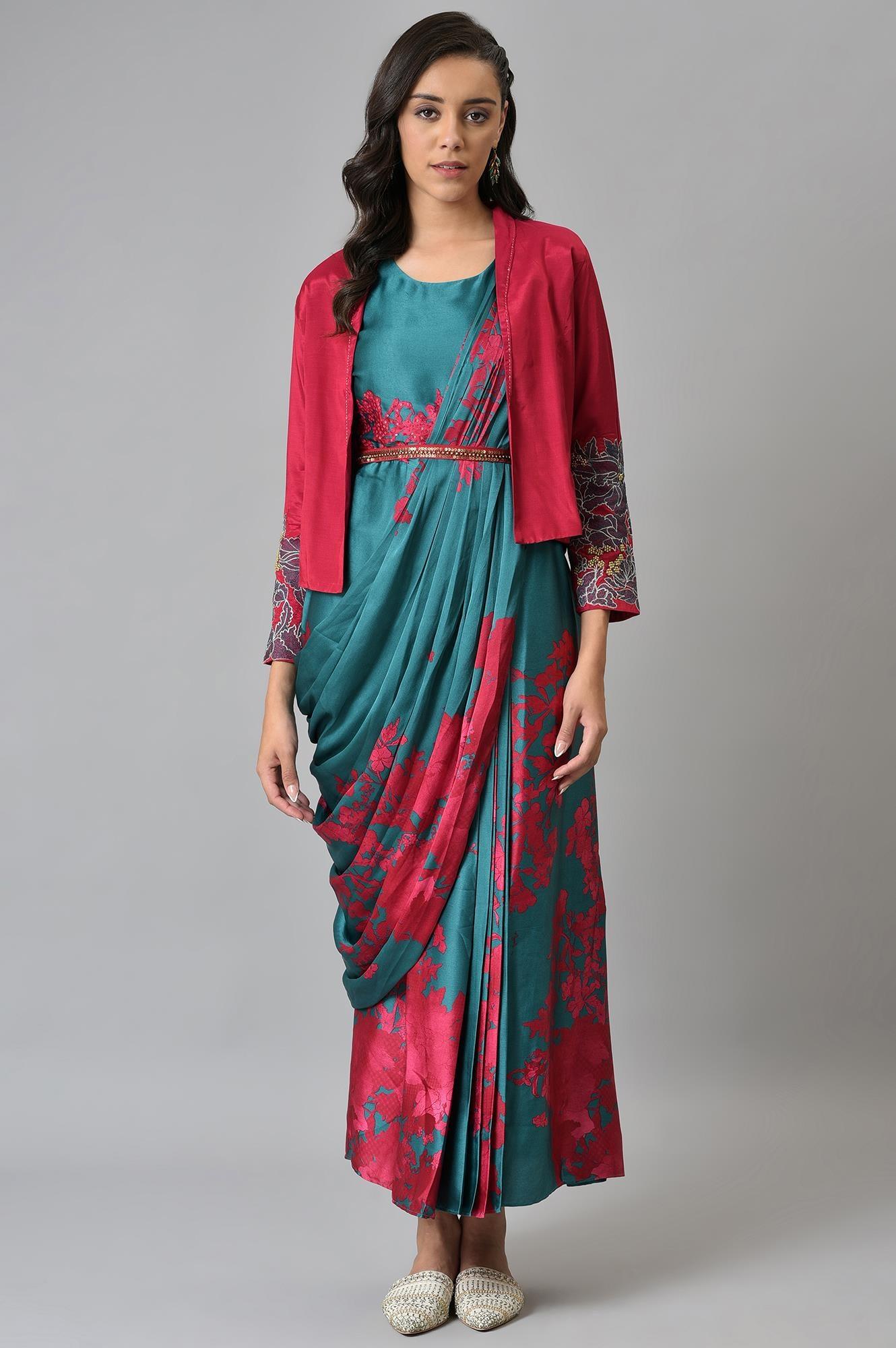 Green And Red Sleeveless Predrape Saree Dress With Belt And Tailored Jacket - wforwoman