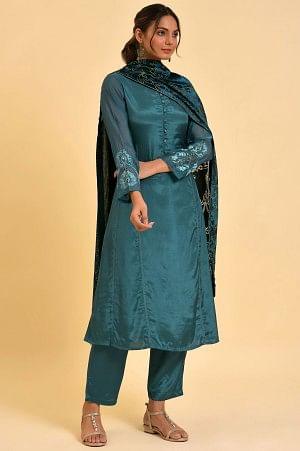 Green Solid kurta, Pants & Velvet Dupatta - wforwoman