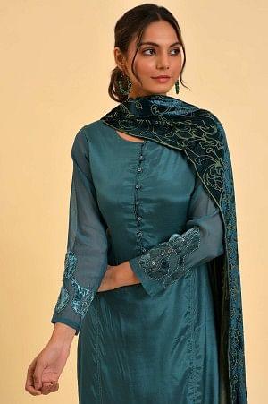 Green Solid kurta, Pants & Velvet Dupatta - wforwoman