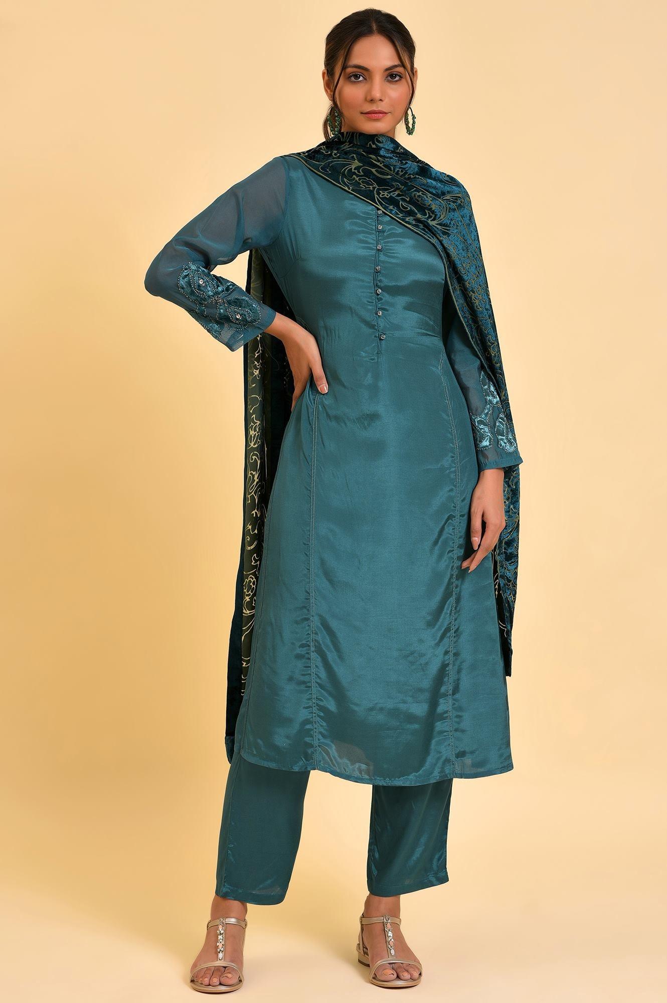 Green Solid kurta, Pants & Velvet Dupatta - wforwoman