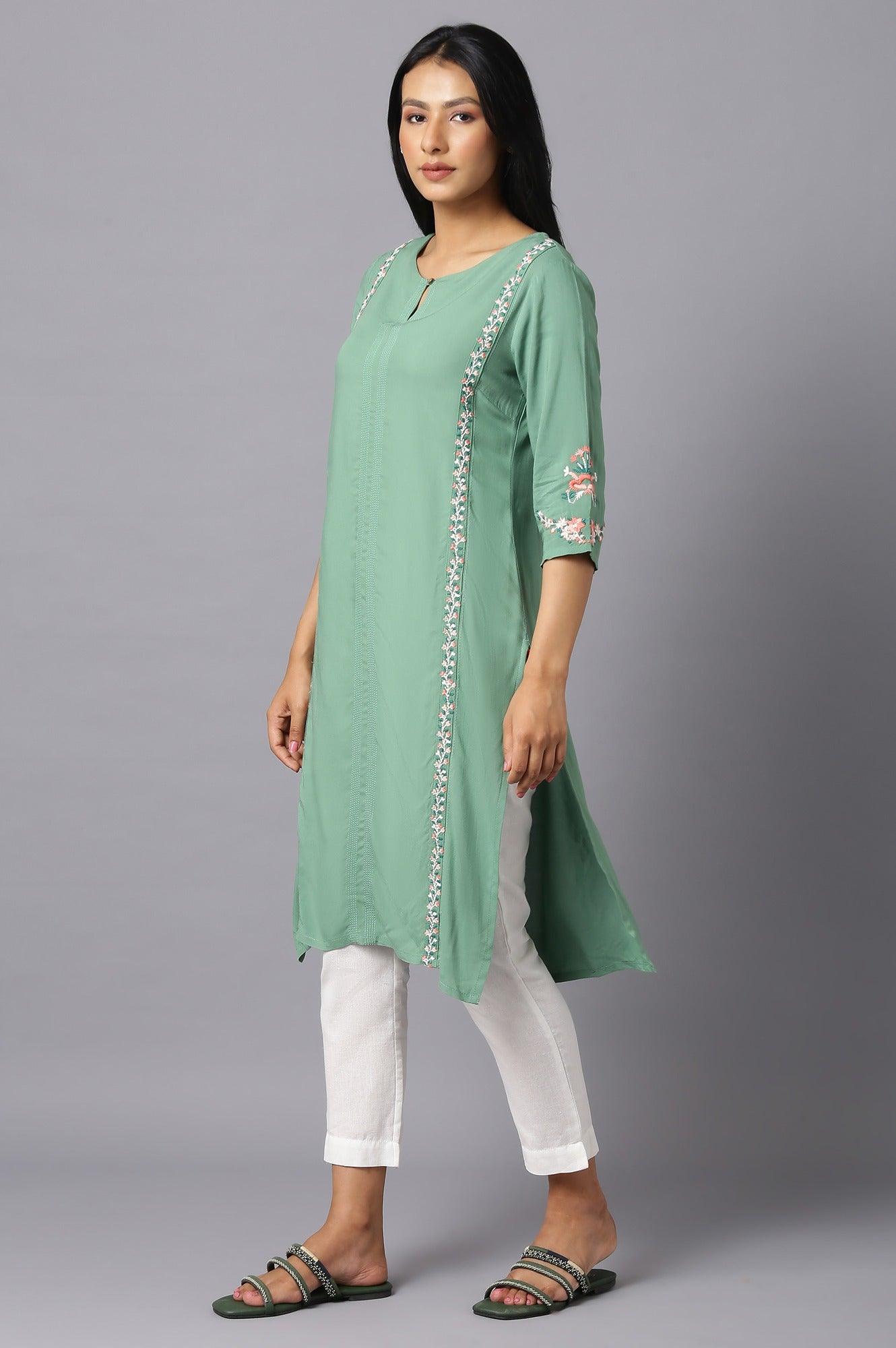 Green Rayon kurta With Multicolour Embroidery - wforwoman