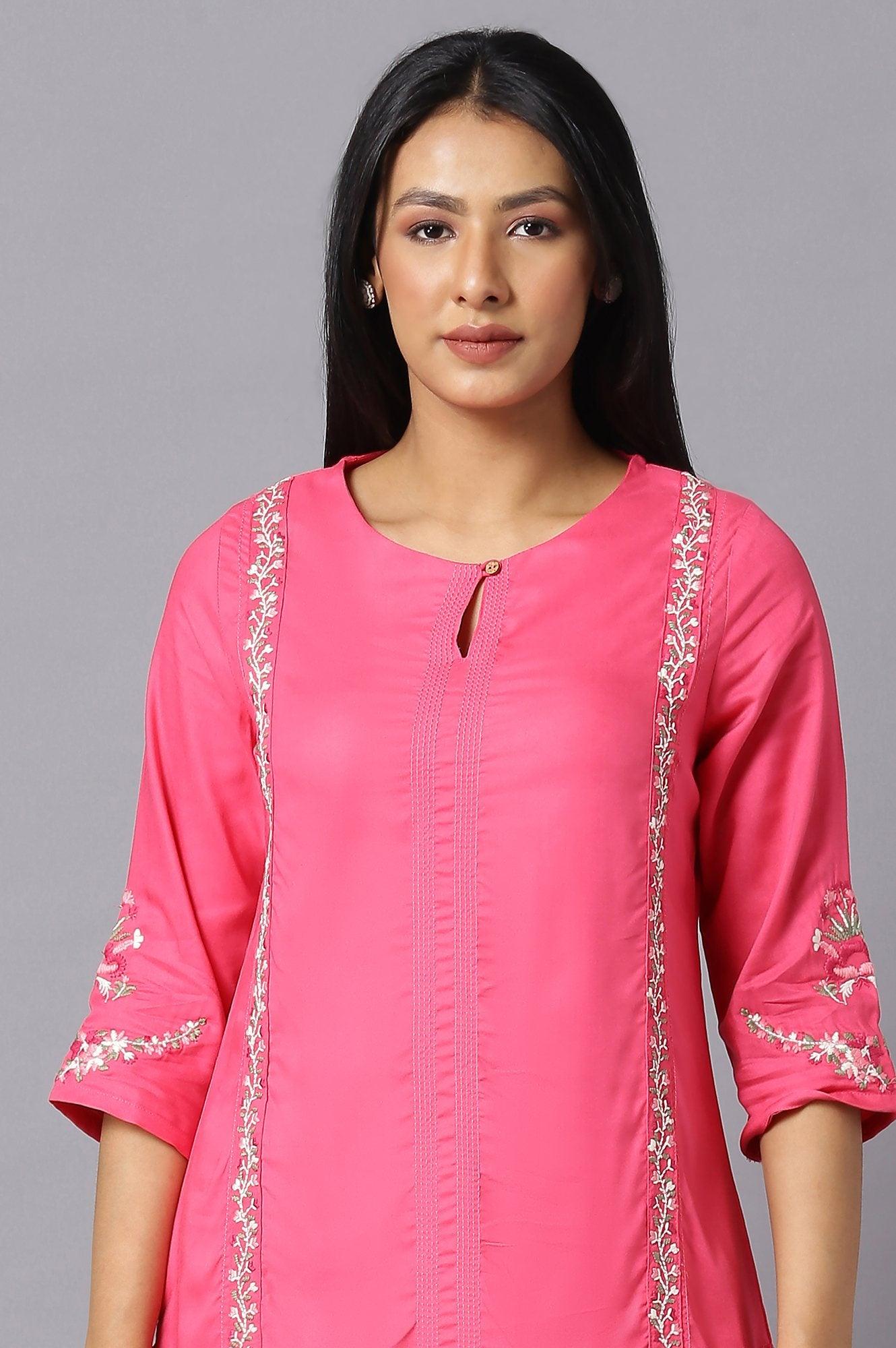 Dark Pink Rayon kurta With Multicolour Embroidery - wforwoman