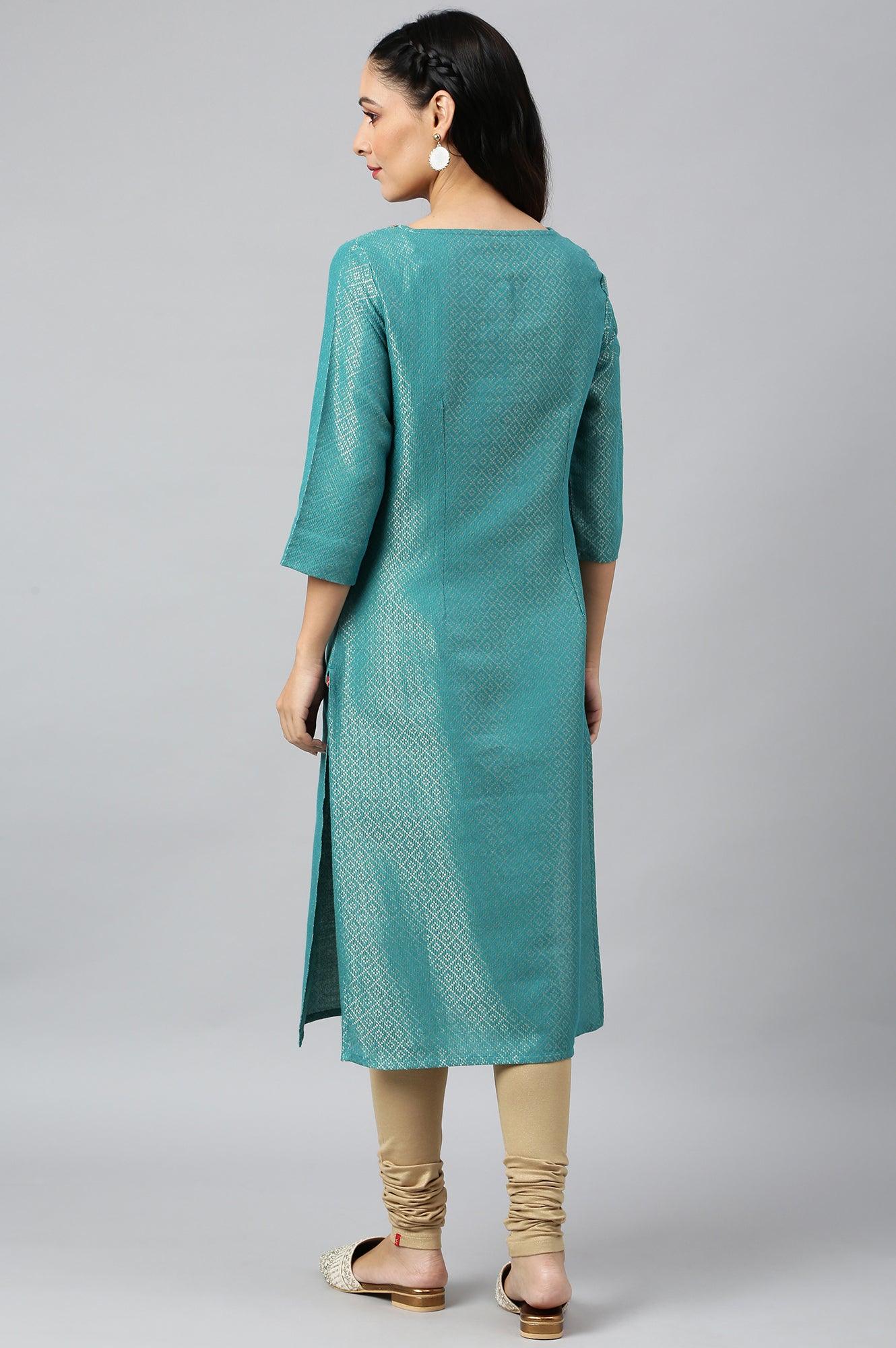 Teal Geometric Print Dobby kurta - wforwoman