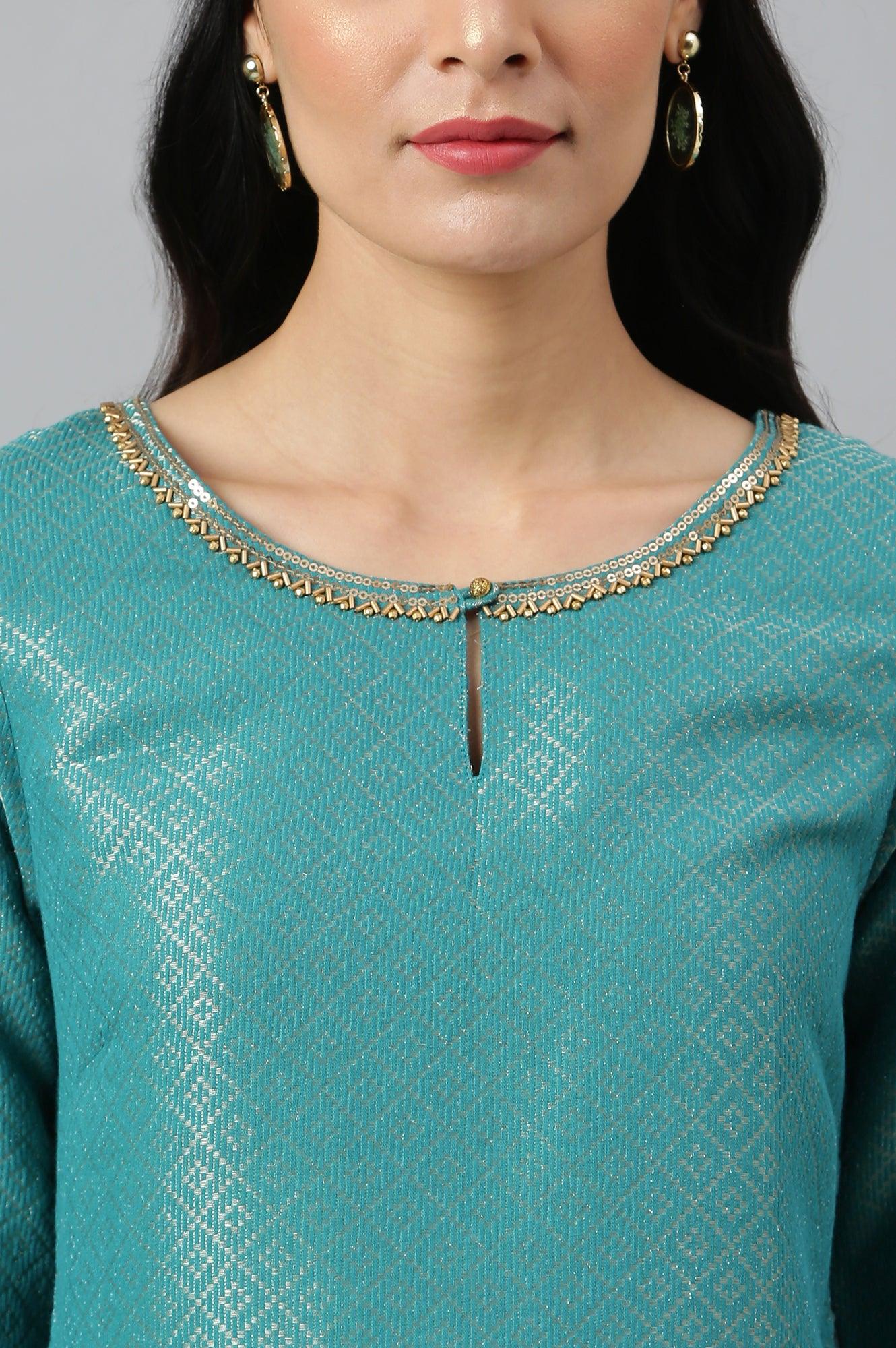 Teal Geometric Print Dobby kurta - wforwoman