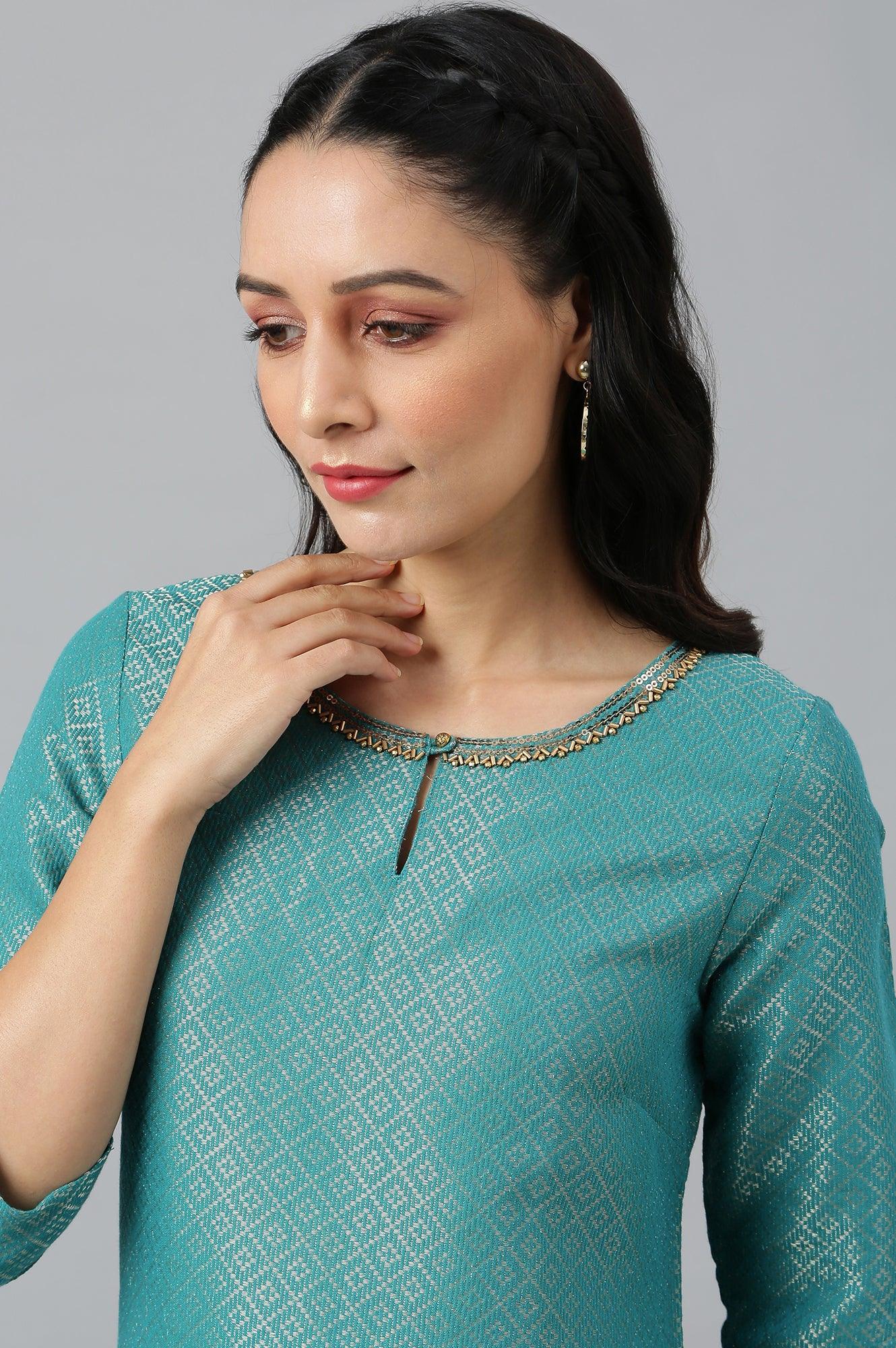 Teal Geometric Print Dobby kurta - wforwoman