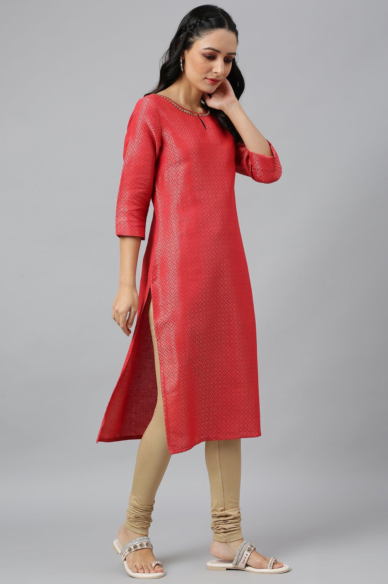 Red Geometric Print Dobby kurta - wforwoman