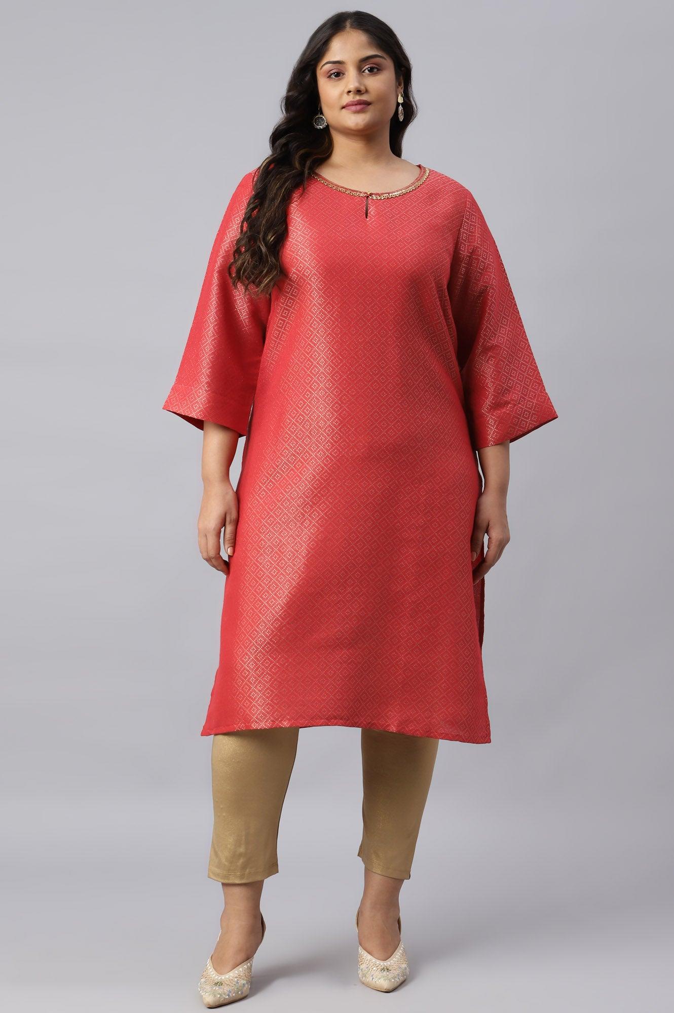Red Geometric Print Dobby Plus Size kurta - wforwoman