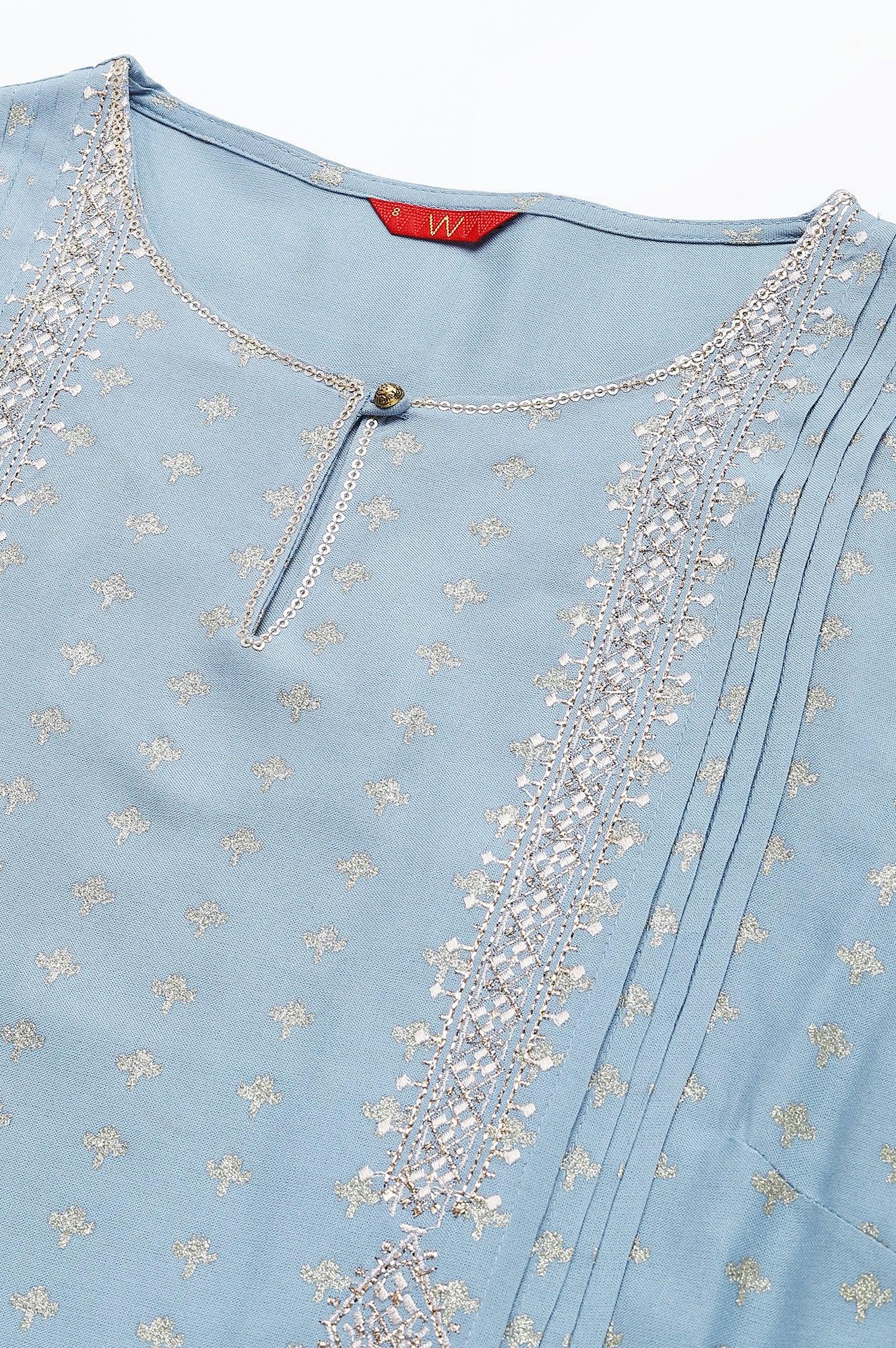 Sky Blue Glitter Printed kurta With Metallic Embroidery - wforwoman