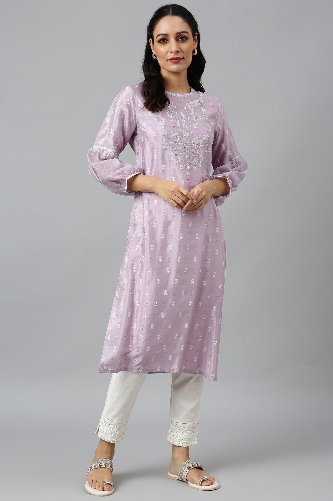Lavender Shantung kurta With Embroidery - wforwoman