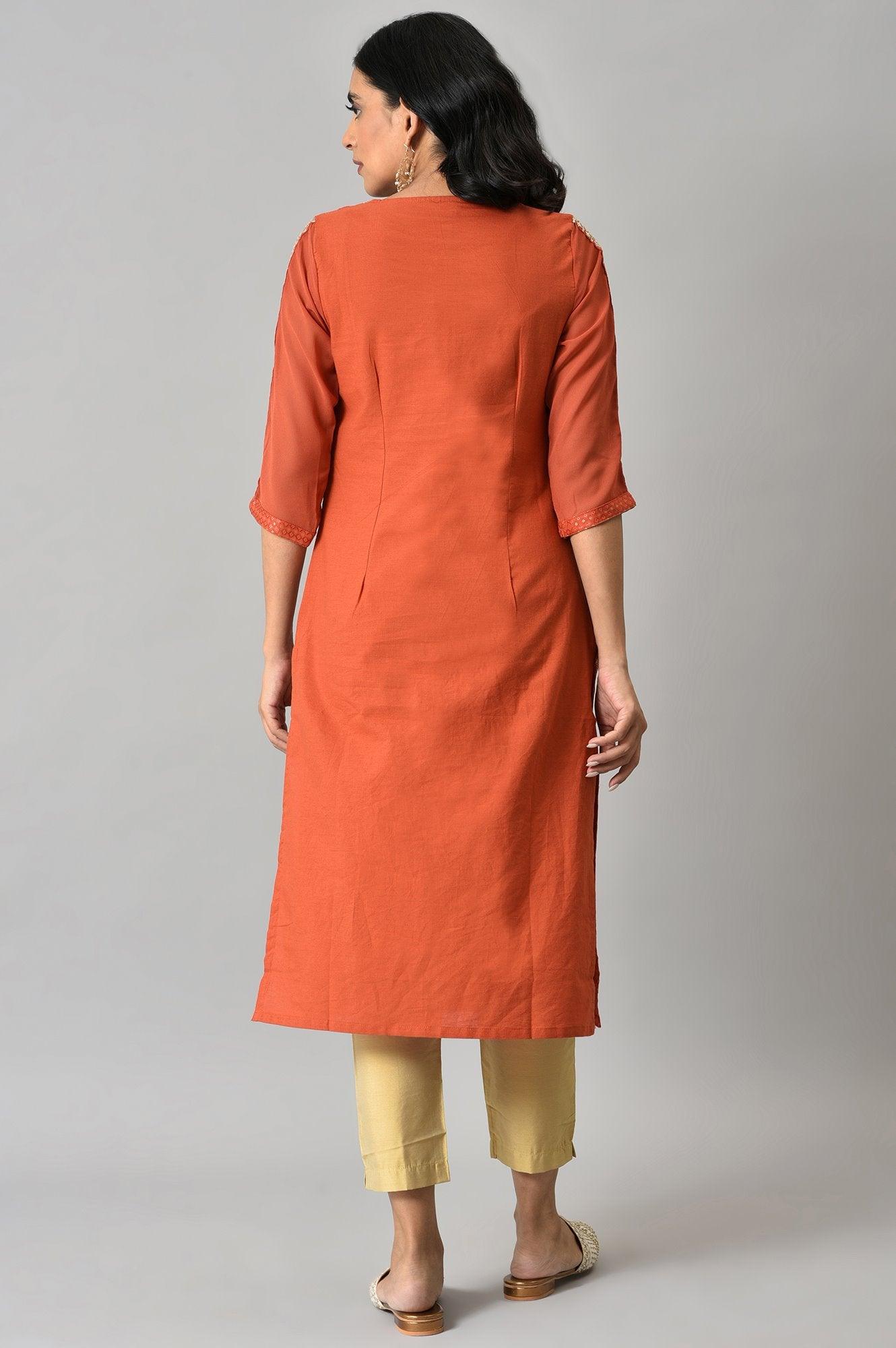 Red Jacquard kurta With Embroidery - wforwoman