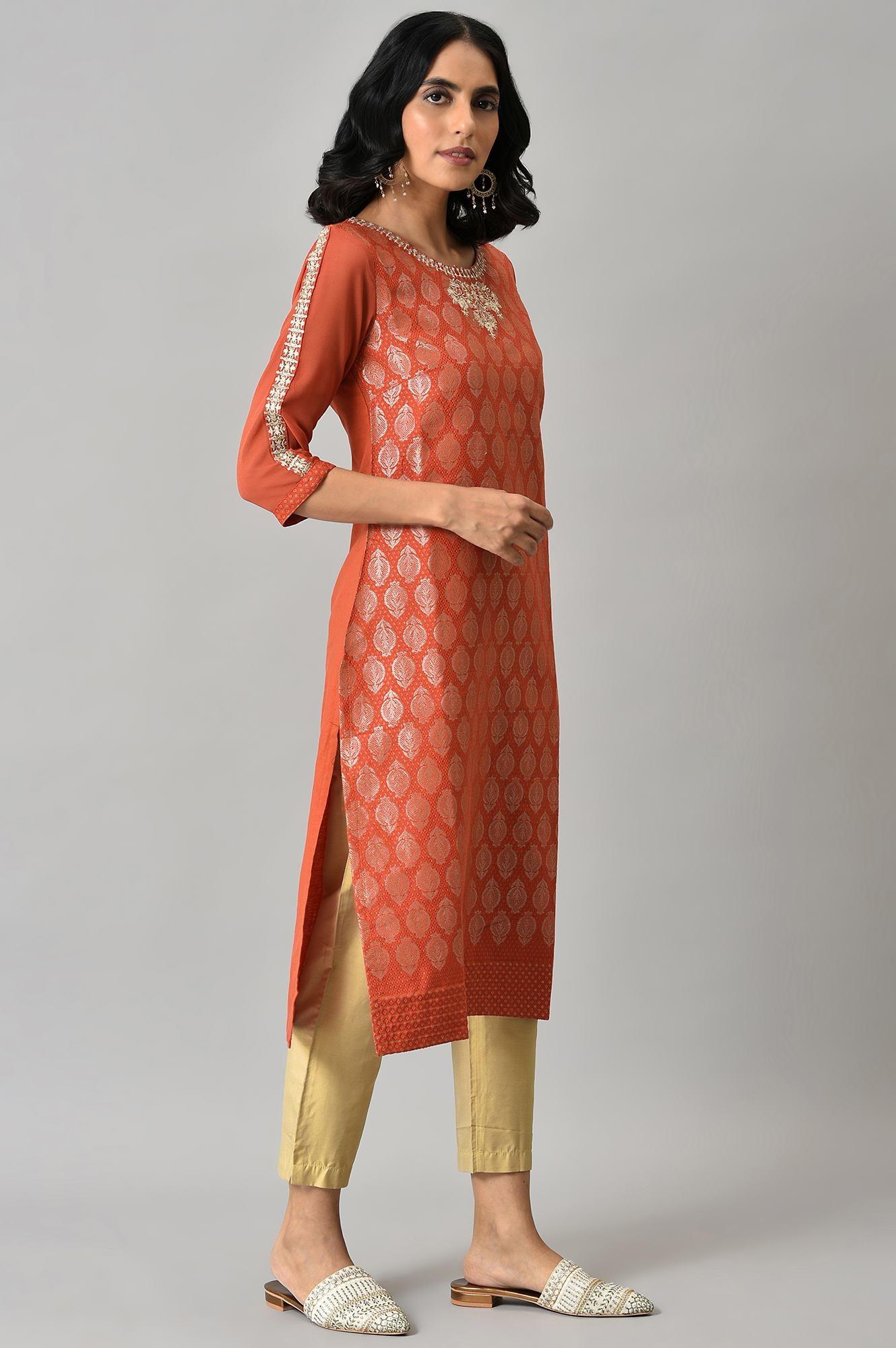 Red Jacquard kurta With Embroidery - wforwoman