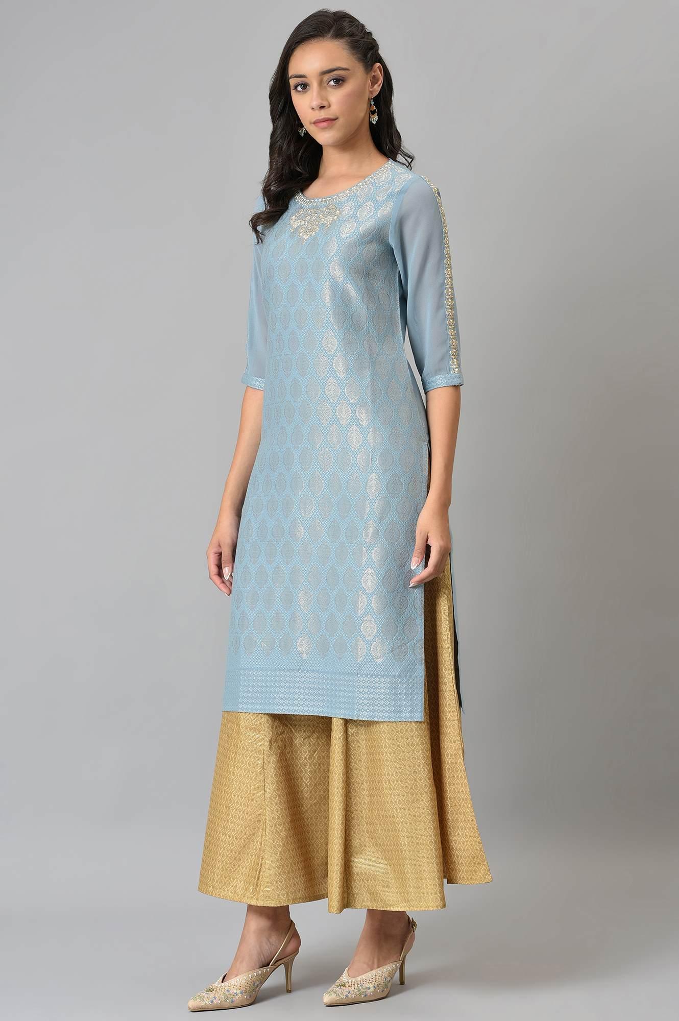 Sky Blue Jacquard kurta With Embroidery - wforwoman