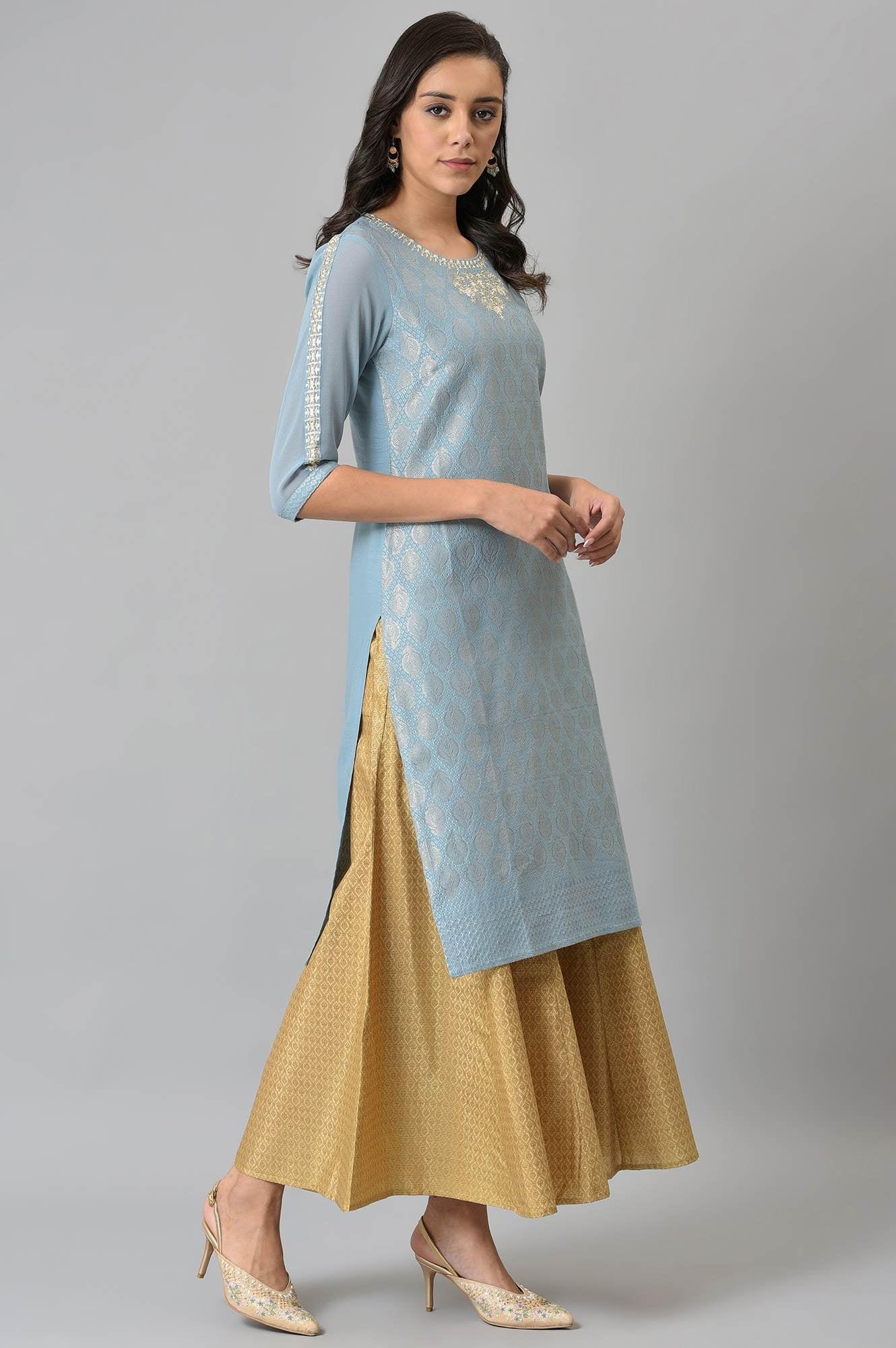Sky Blue Jacquard kurta With Embroidery - wforwoman