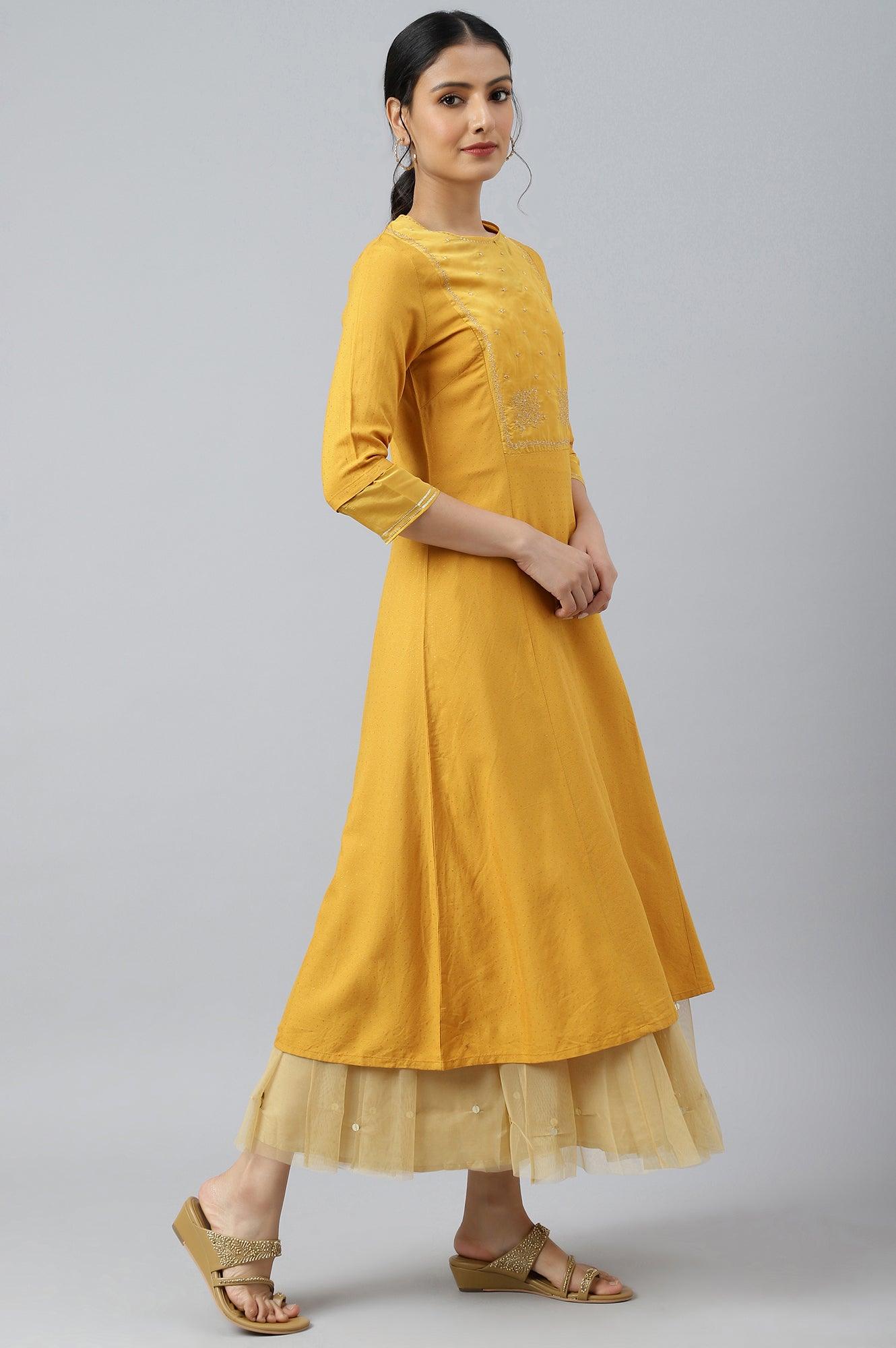 Dark Yellow A-Line Embroidered kurta With Sequins - wforwoman