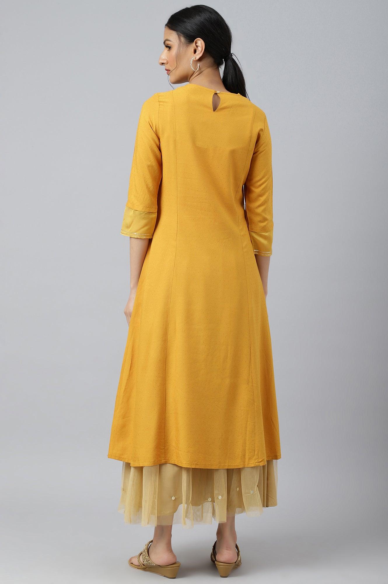 Dark Yellow A-Line Embroidered kurta With Sequins - wforwoman