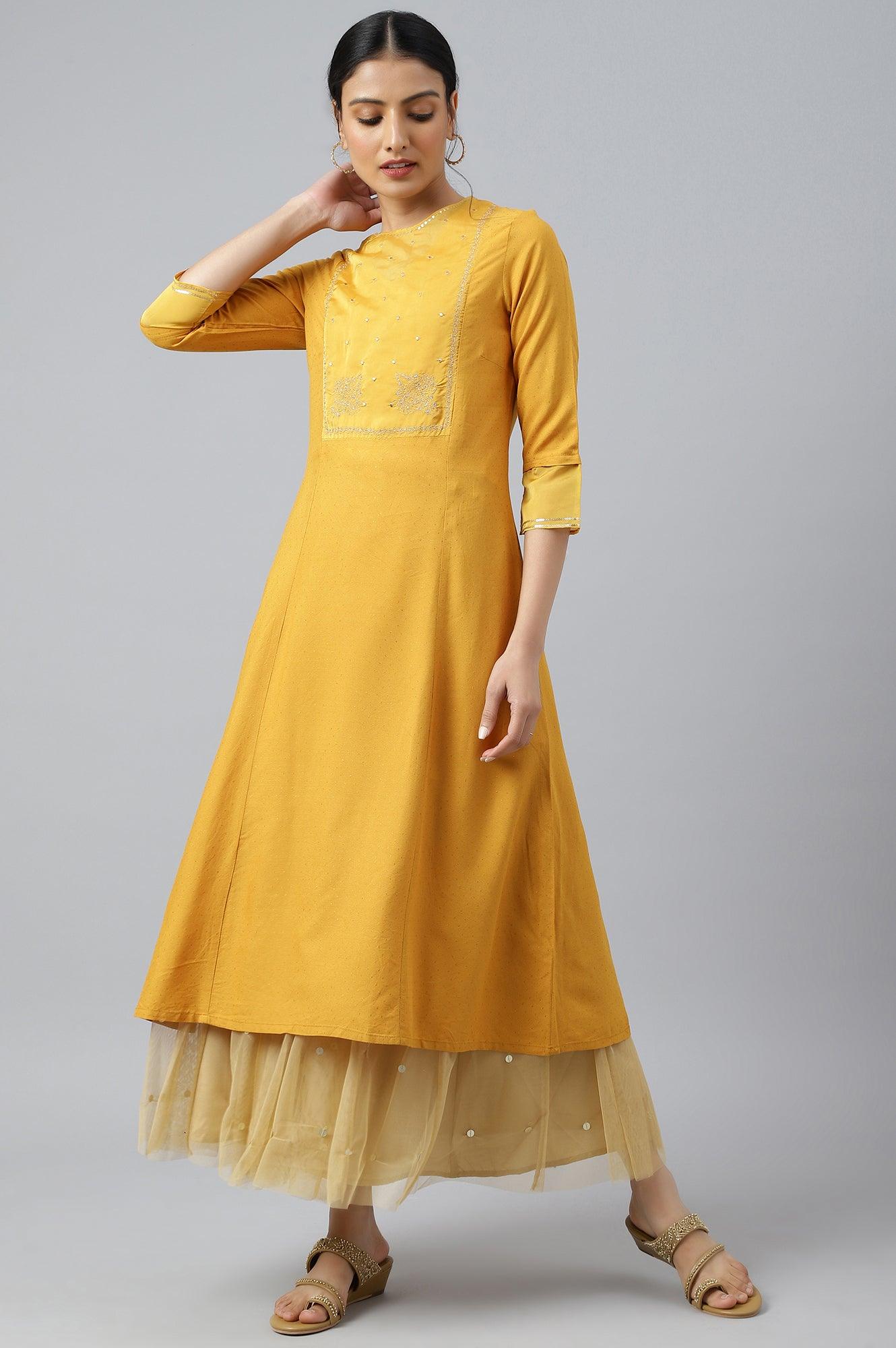 Dark Yellow A-Line Embroidered kurta With Sequins - wforwoman