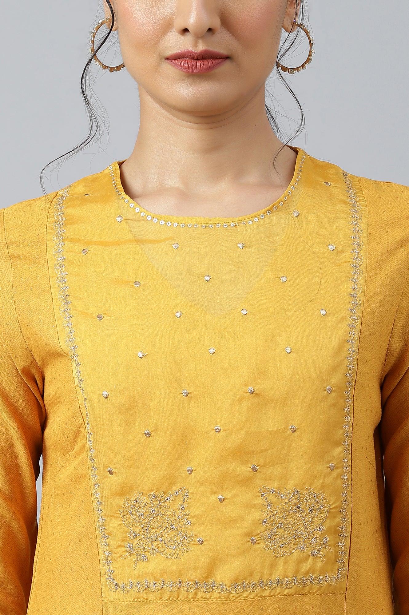Dark Yellow A-Line Embroidered kurta With Sequins - wforwoman