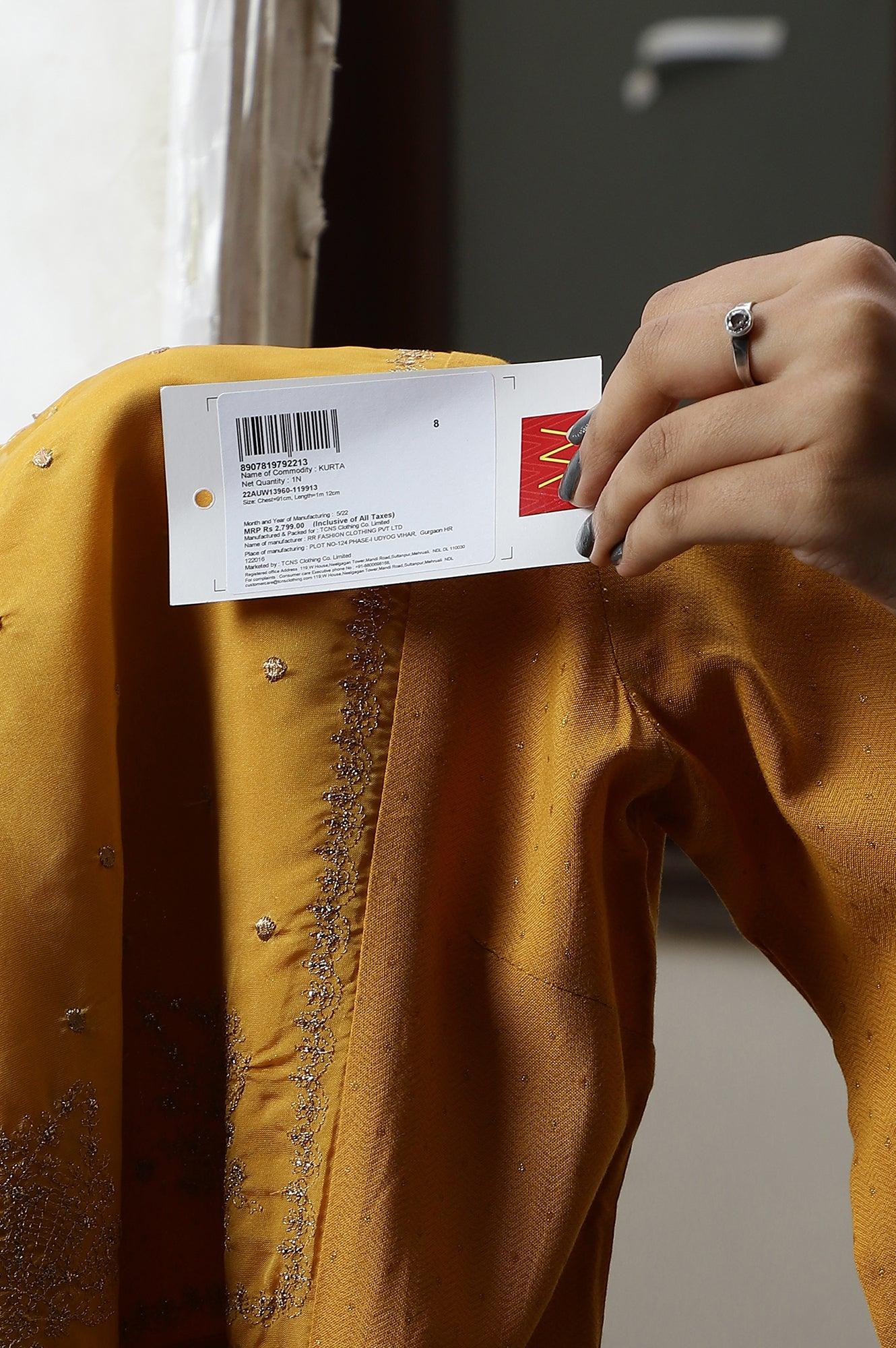 Dark Yellow A-Line Embroidered kurta With Sequins - wforwoman