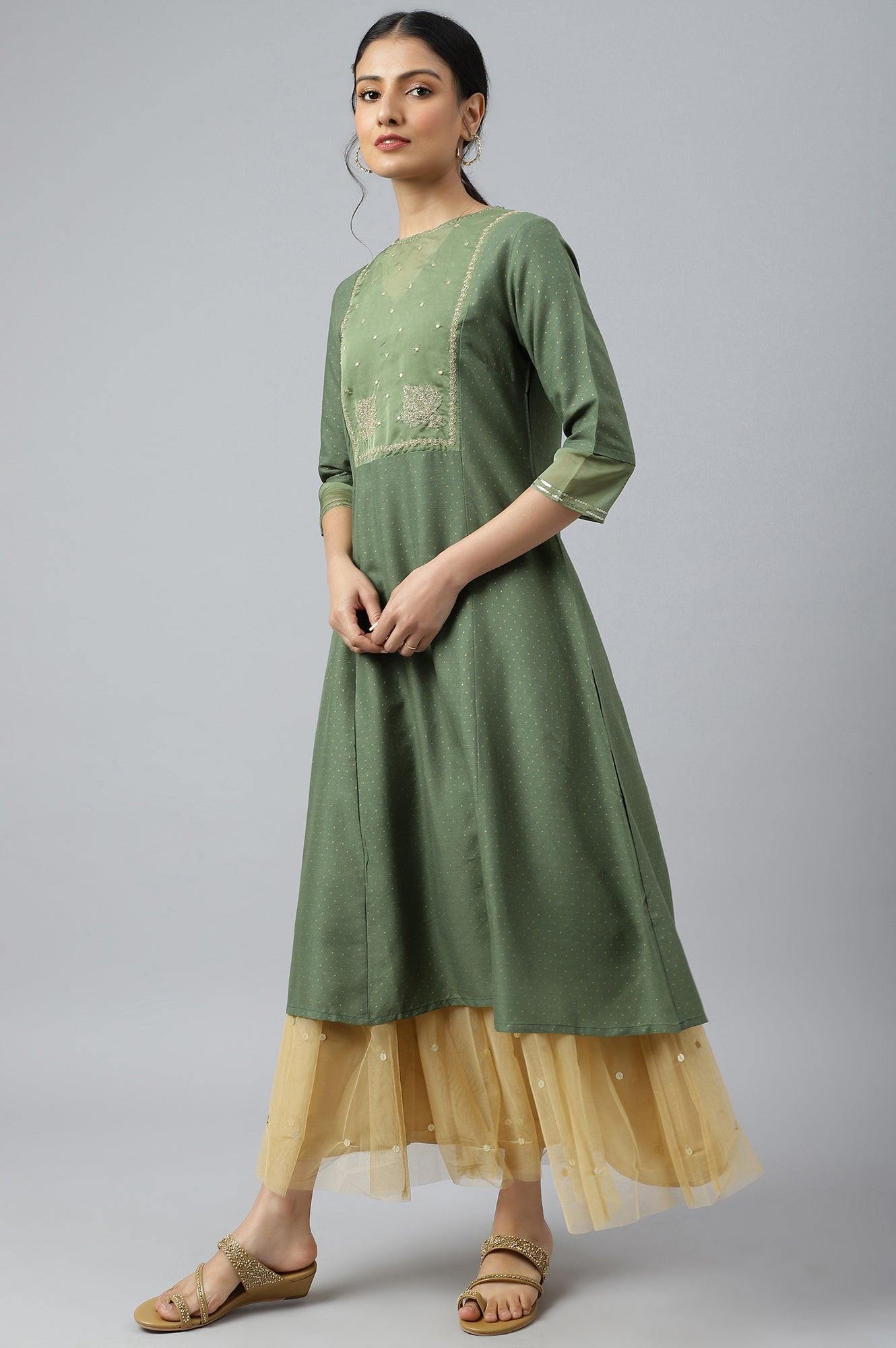 Olive Green A-Line Embroidered kurta With Sequins - wforwoman