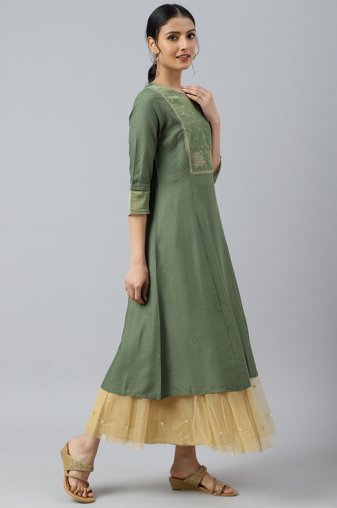 Olive Green A-Line Embroidered kurta With Sequins - wforwoman