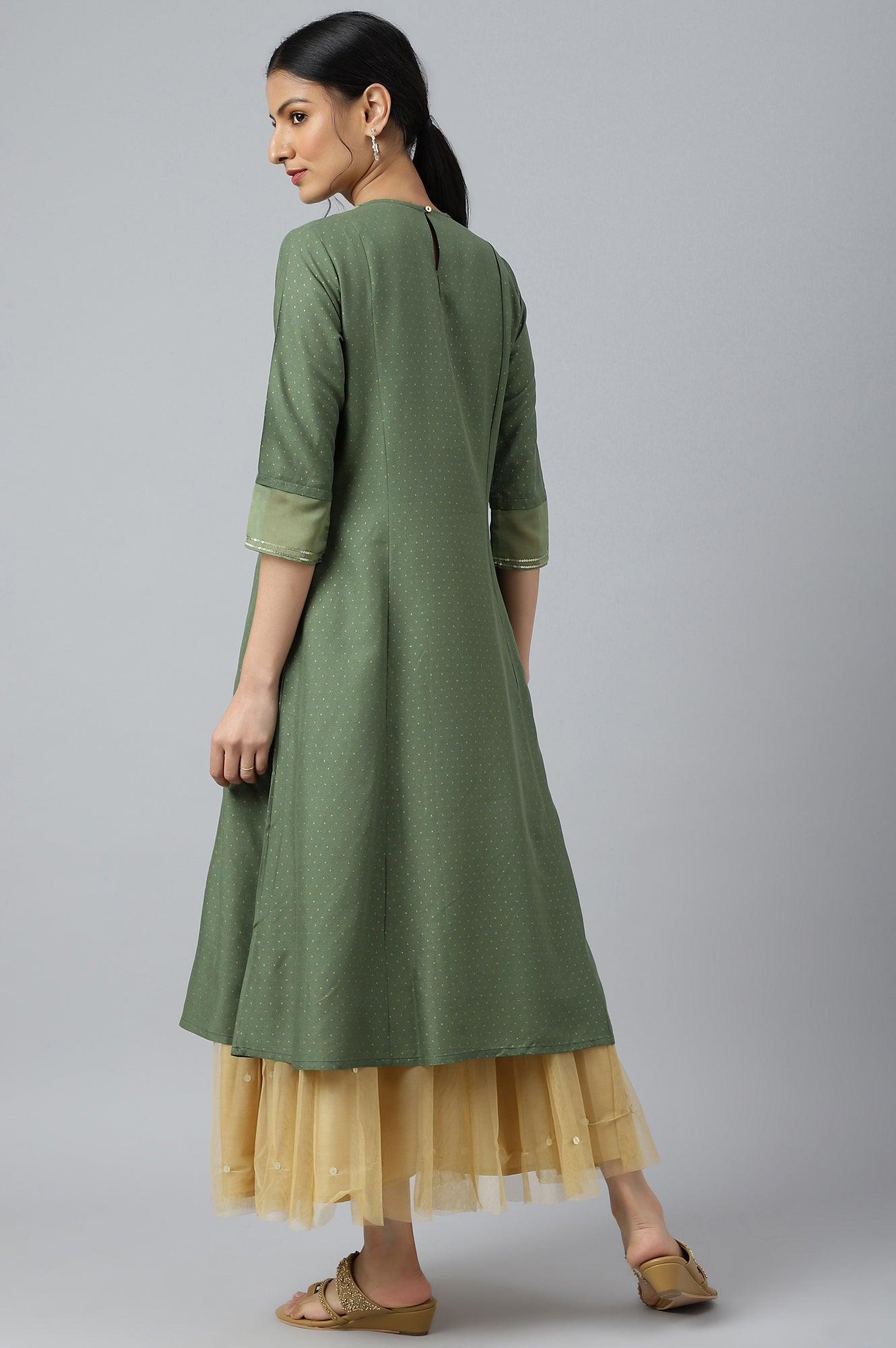 Olive Green A-Line Embroidered kurta With Sequins - wforwoman