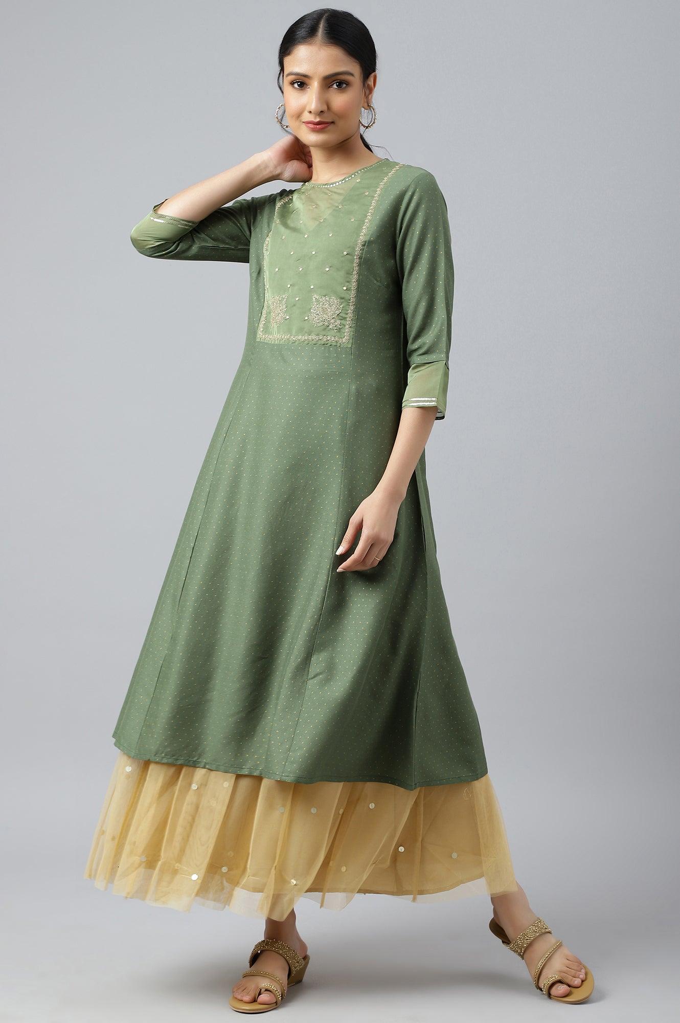 Olive Green A-Line Embroidered kurta With Sequins - wforwoman