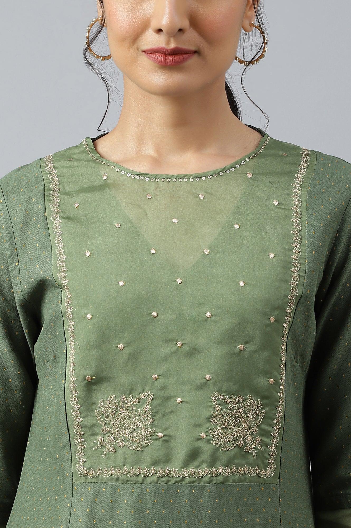 Olive Green A-Line Embroidered kurta With Sequins - wforwoman