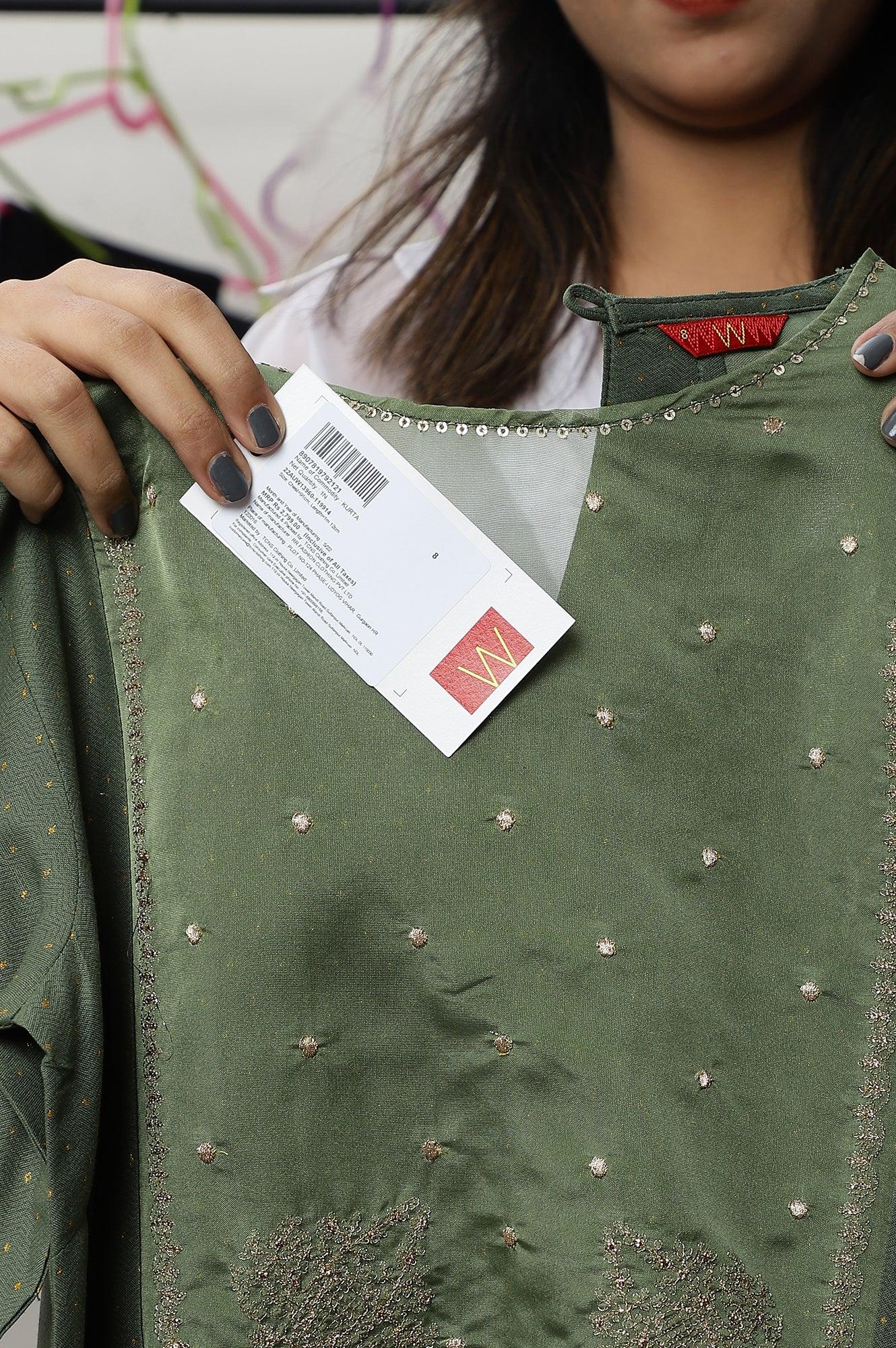 Olive Green A-Line Embroidered kurta With Sequins - wforwoman