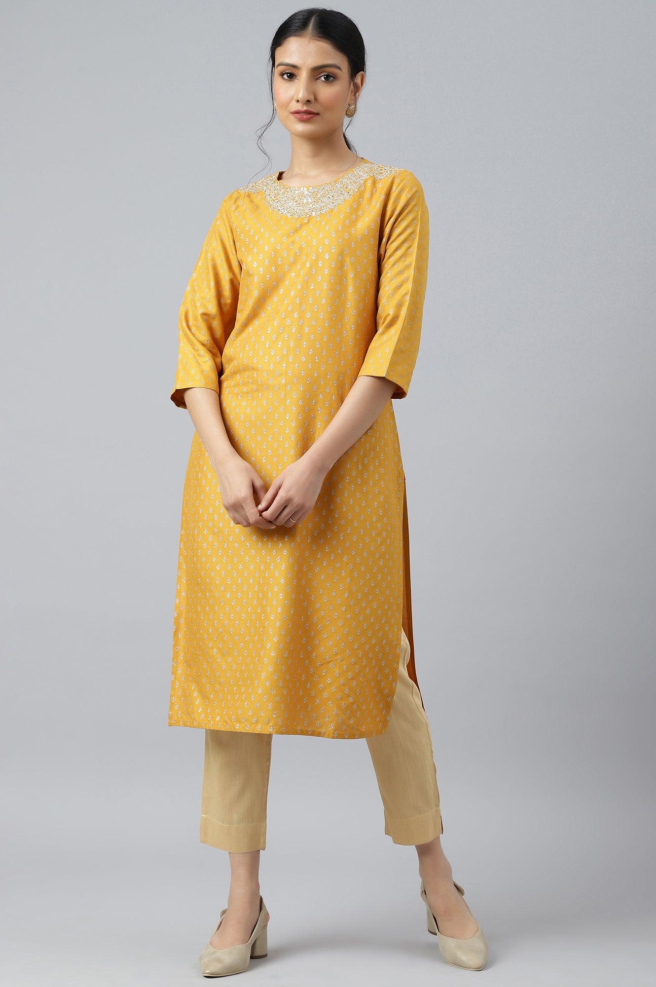 Mustard Printed kurta With Metallic Embroidery - wforwoman