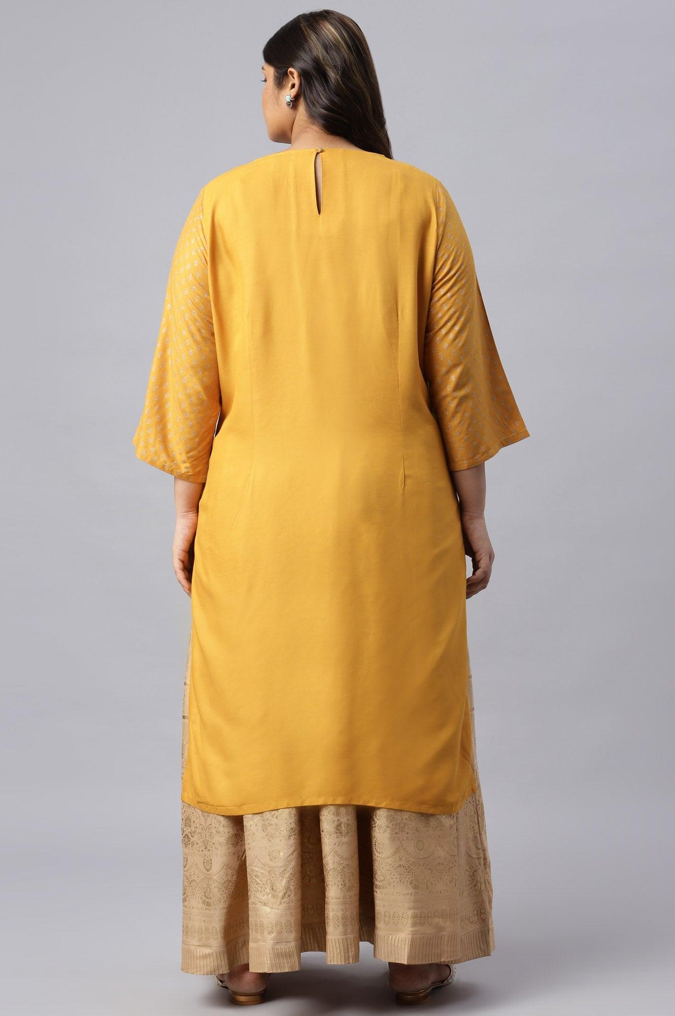 Mustard Printed Plus Size kurta With Metallic Embroidery - wforwoman