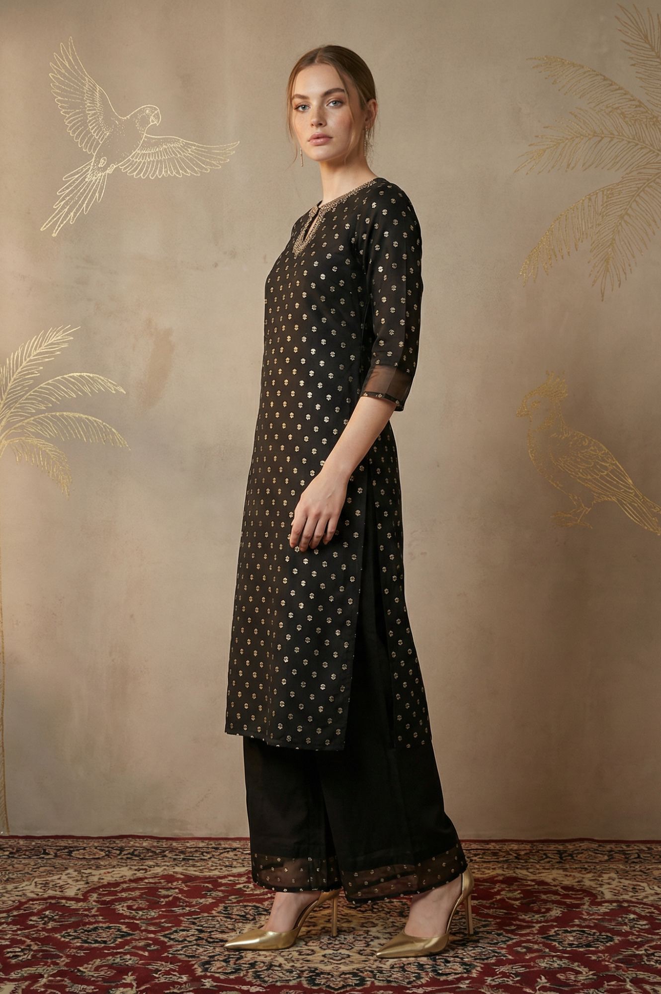 Black Glitter Printed Rayon Straight Kurta with Embroidered Neck