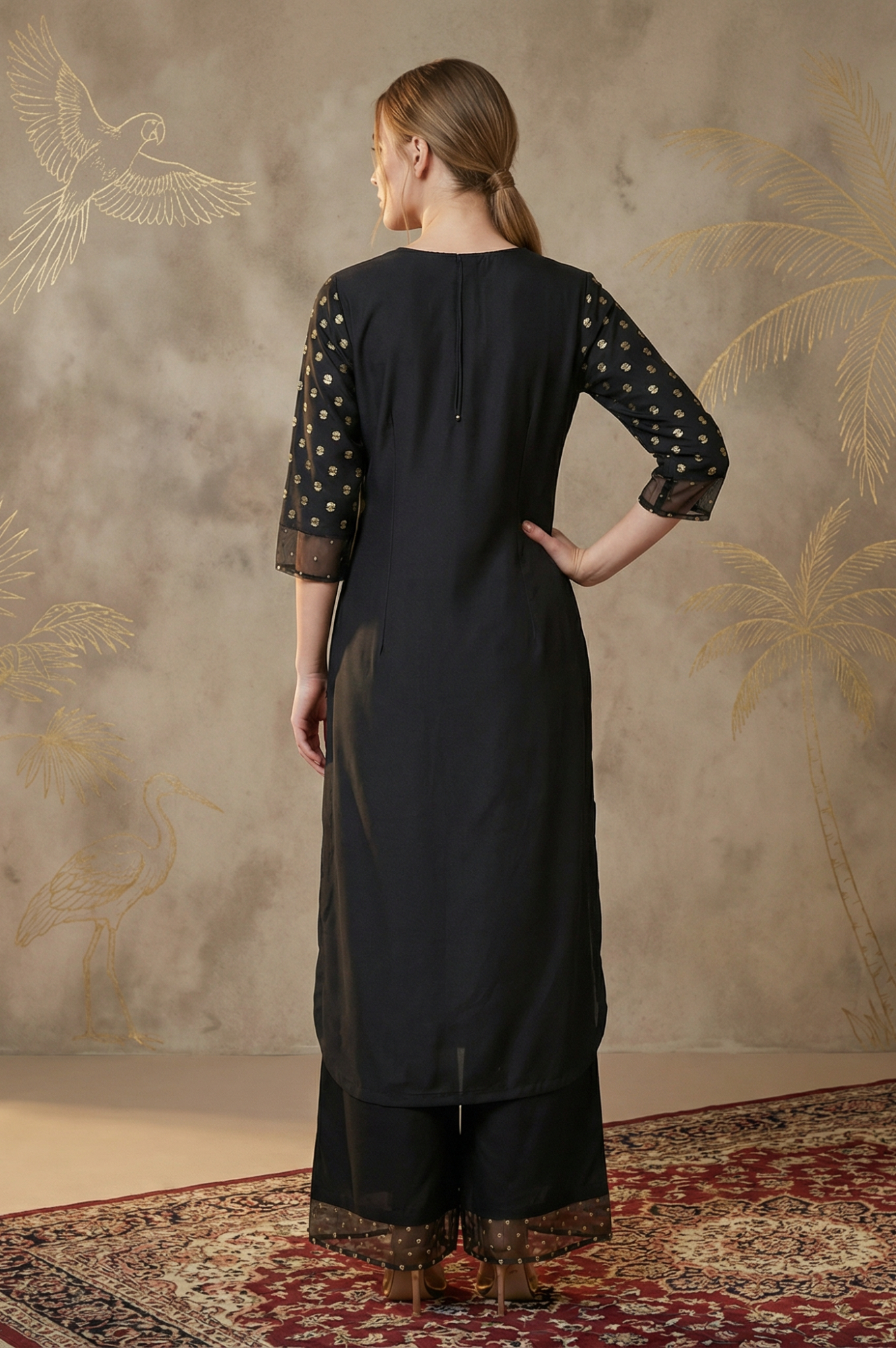 Black Glitter Printed Rayon Straight Kurta with Embroidered Neck