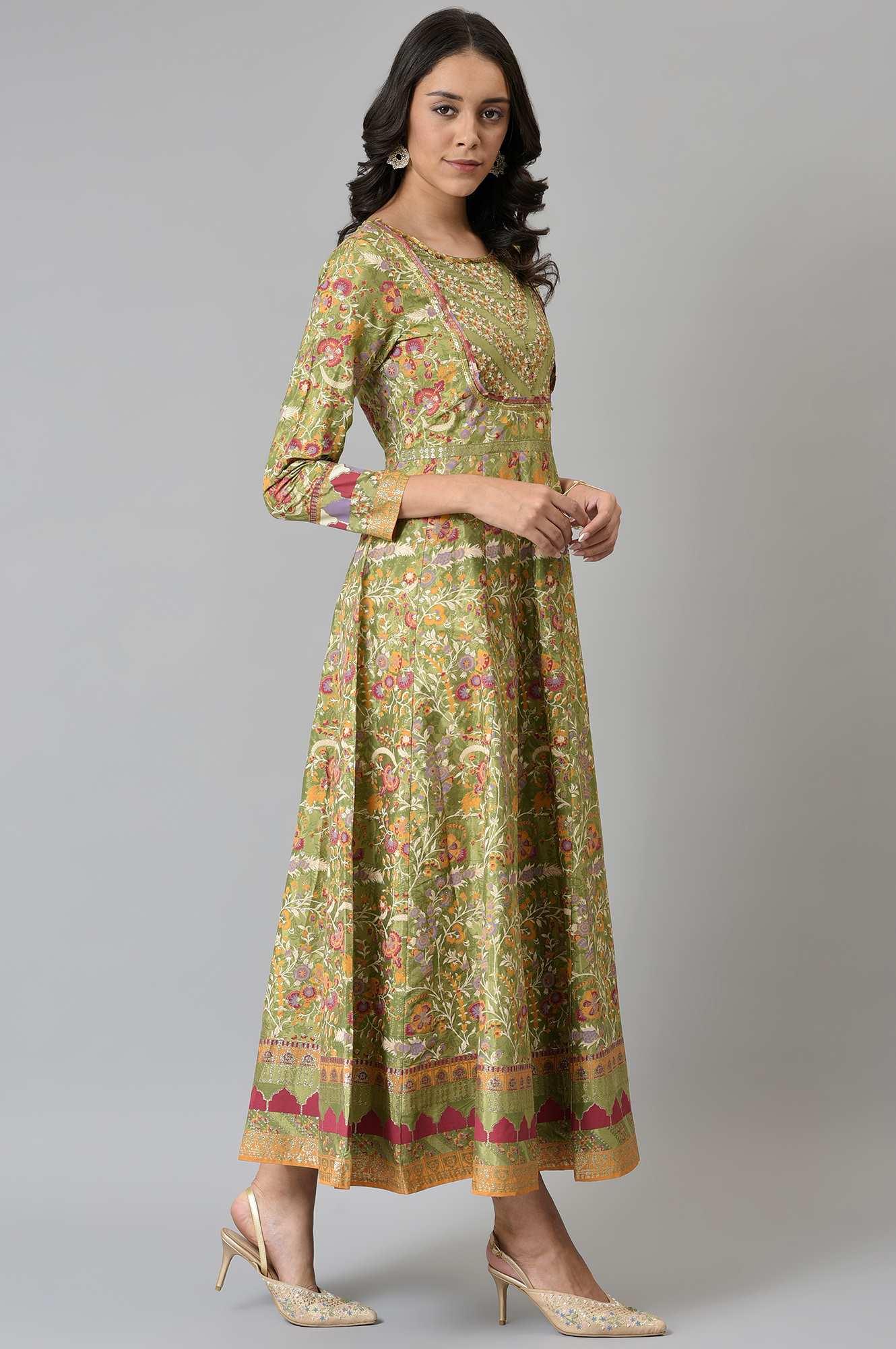 Olive Green Flared Anarkali Printed kurta - wforwoman