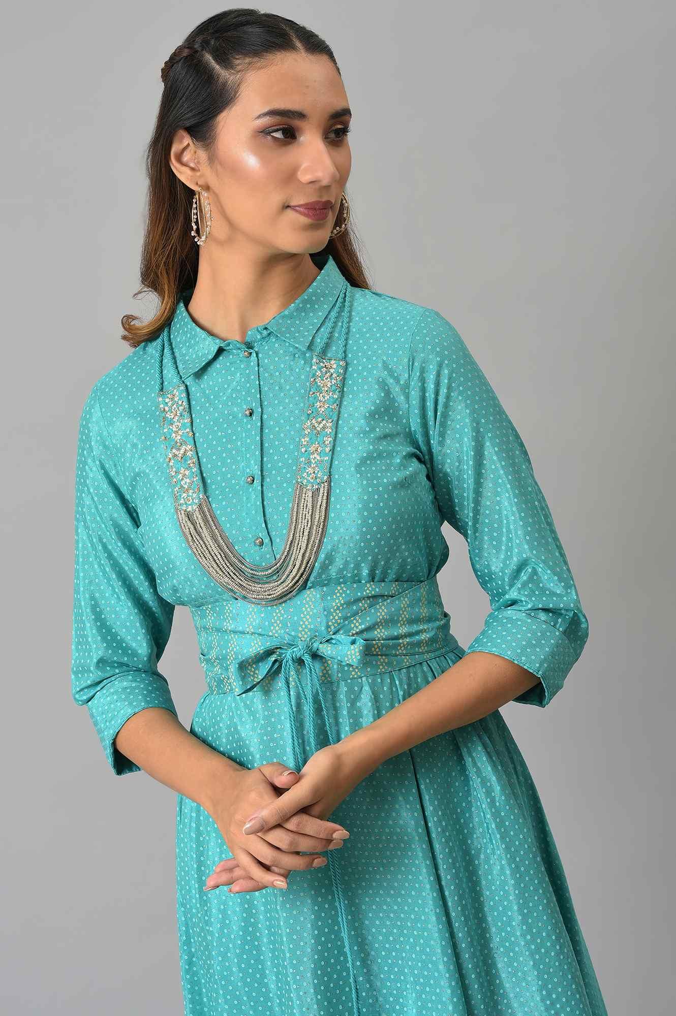 Teal Glitter Printed Shirt Dress With Embroidered Neckpiece - wforwoman