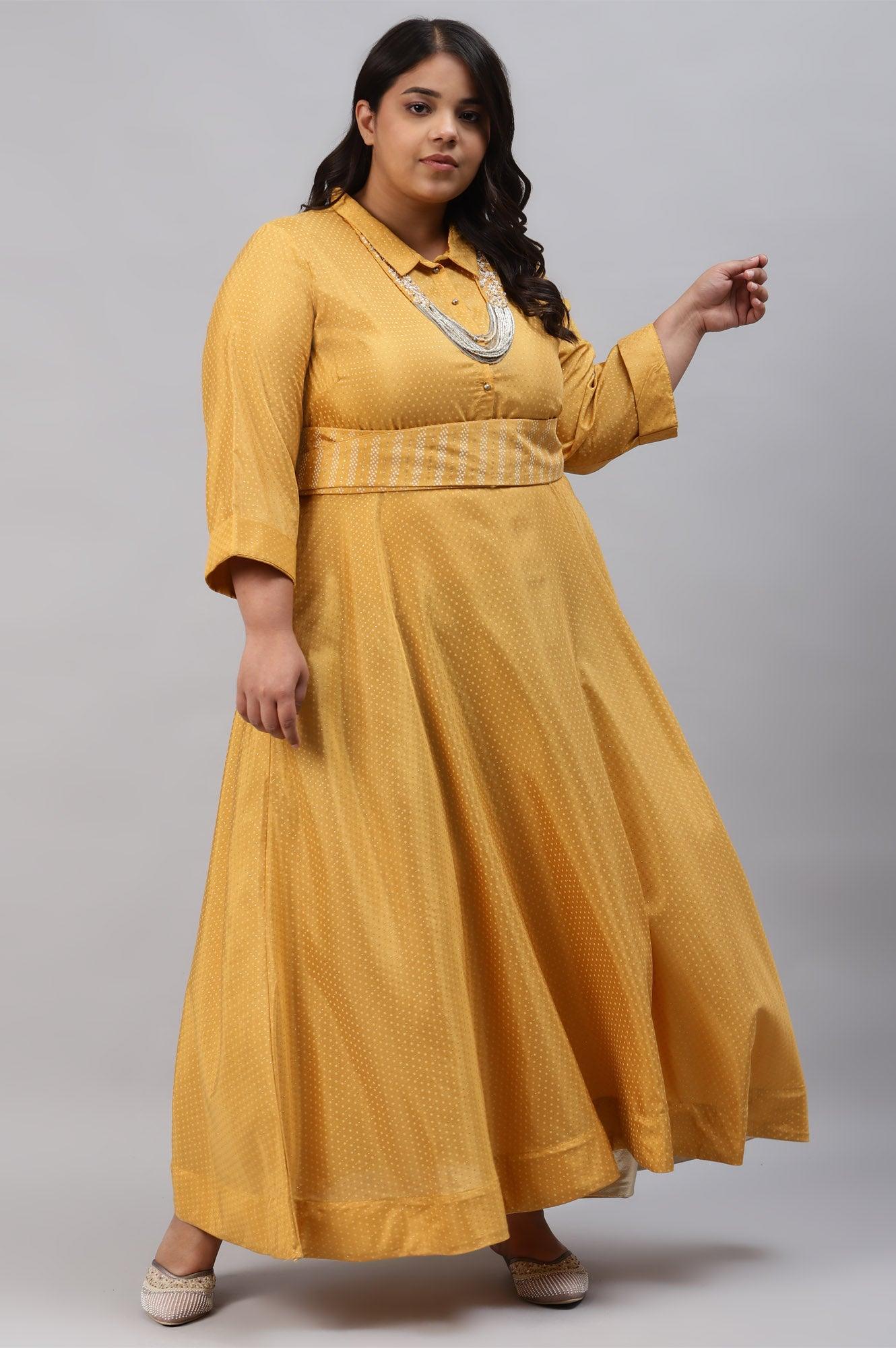 Yellow Glitter Printed Plus Size Shirt Dress With Embroidered Neckpiece - wforwoman