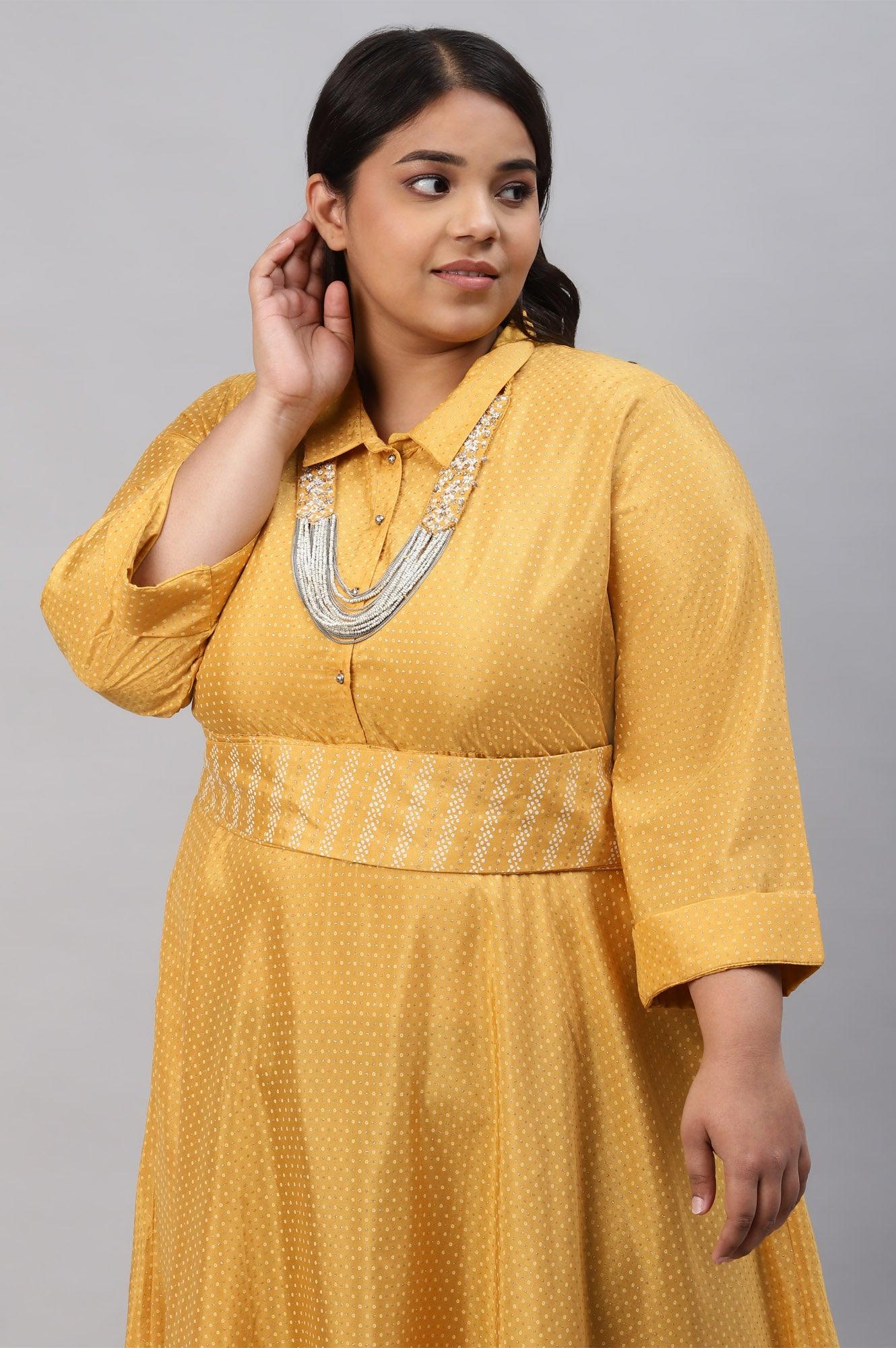 Yellow Glitter Printed Plus Size Shirt Dress With Embroidered Neckpiece - wforwoman