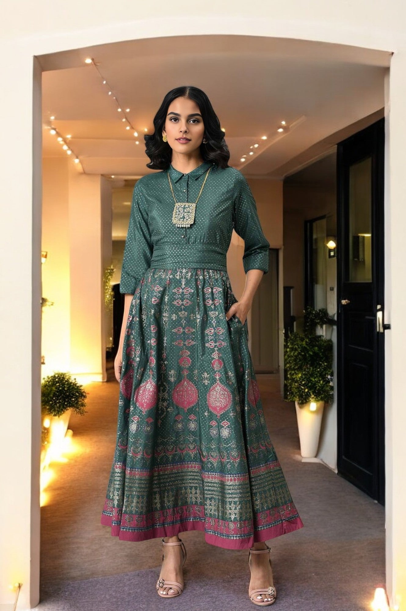 Buy Green Glitter Printed Festive Shirt Dress With Placket Online for Woman | WforWoman Buy Green Glitter Printed Festive Shirt Dress With Placket Online for Woman | WforWoman