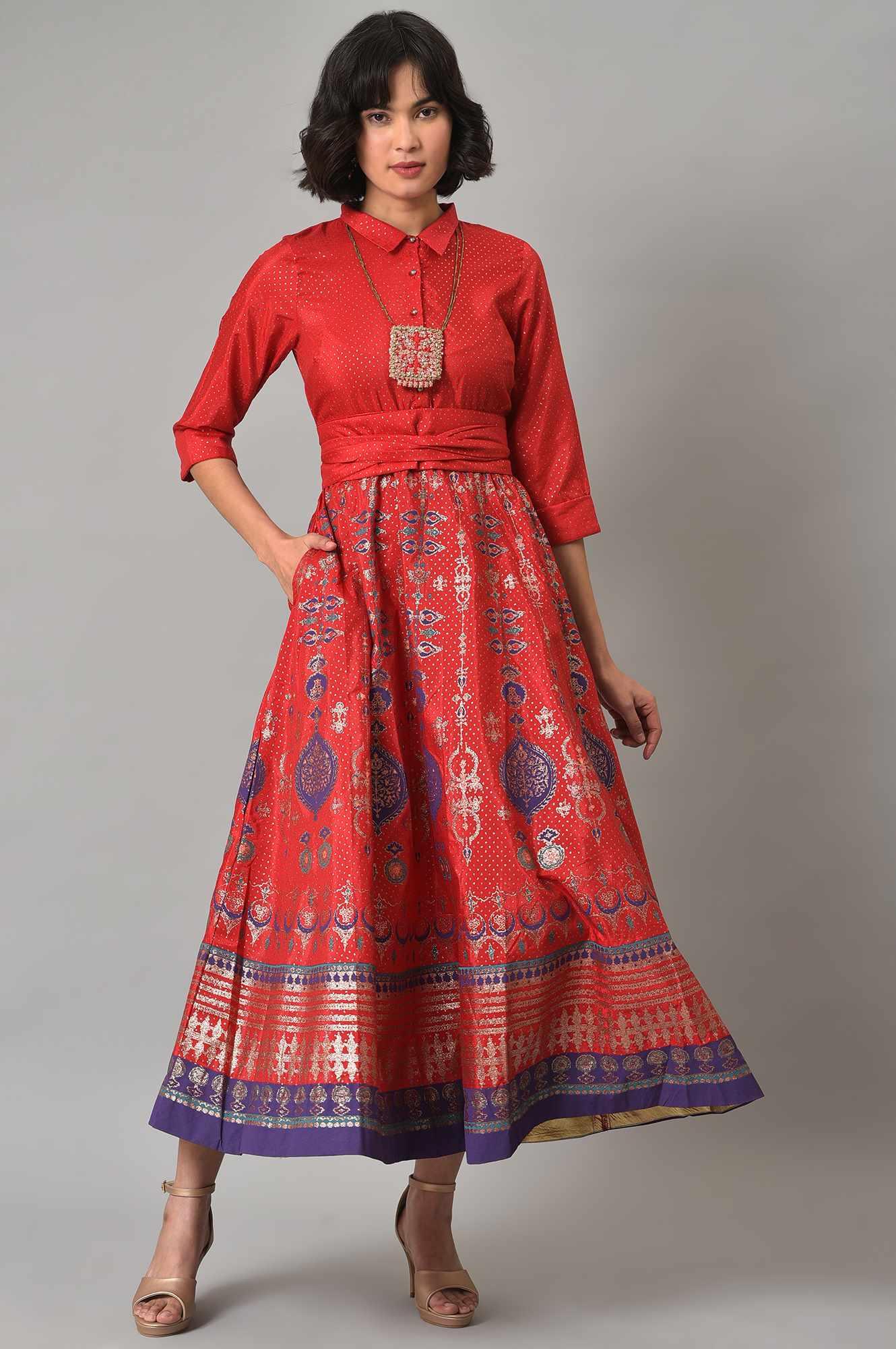 Red Glitter Printed Festive Shirt Dress With Placket - wforwoman