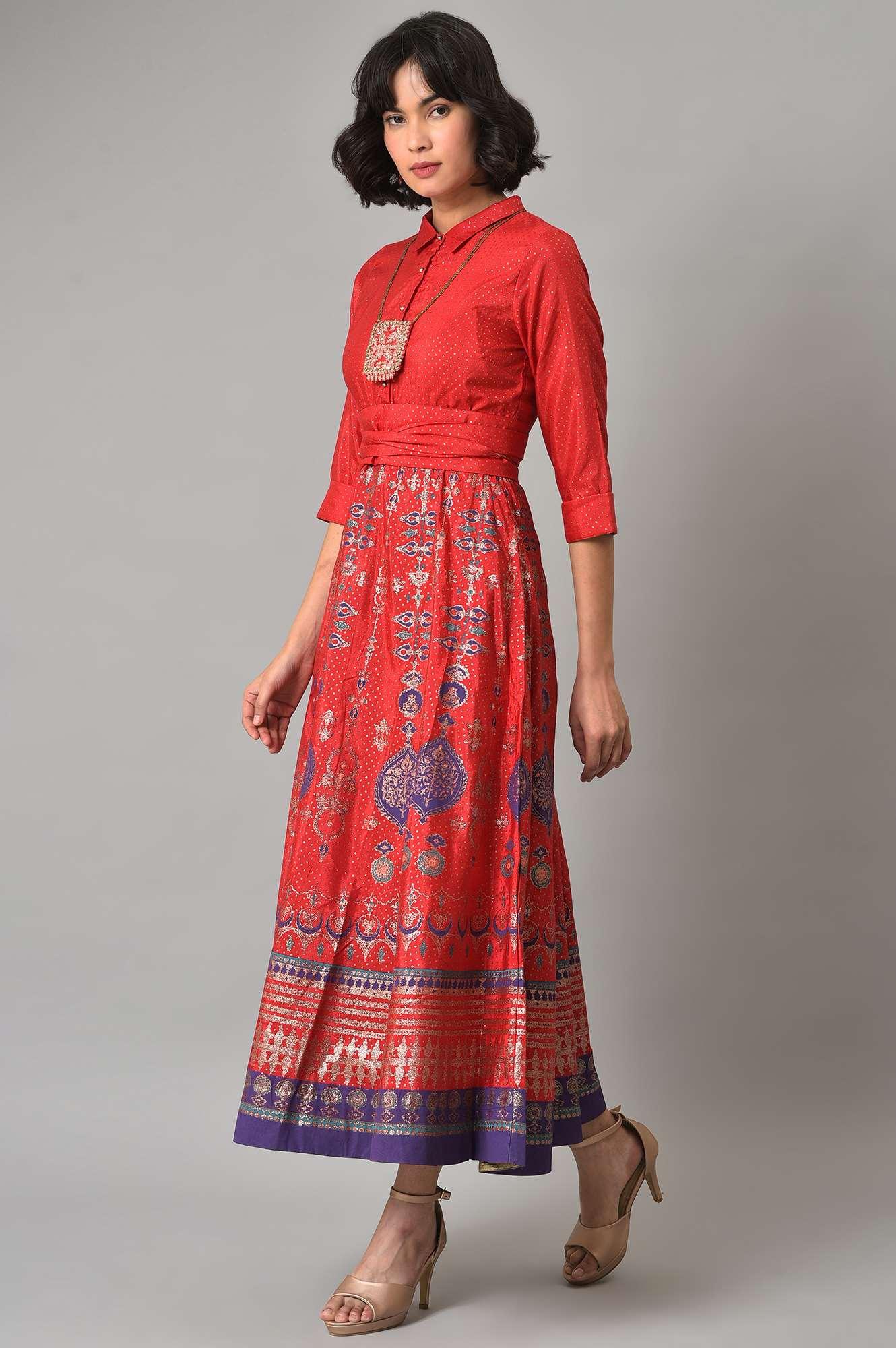 Red Glitter Printed Festive Shirt Dress With Placket - wforwoman