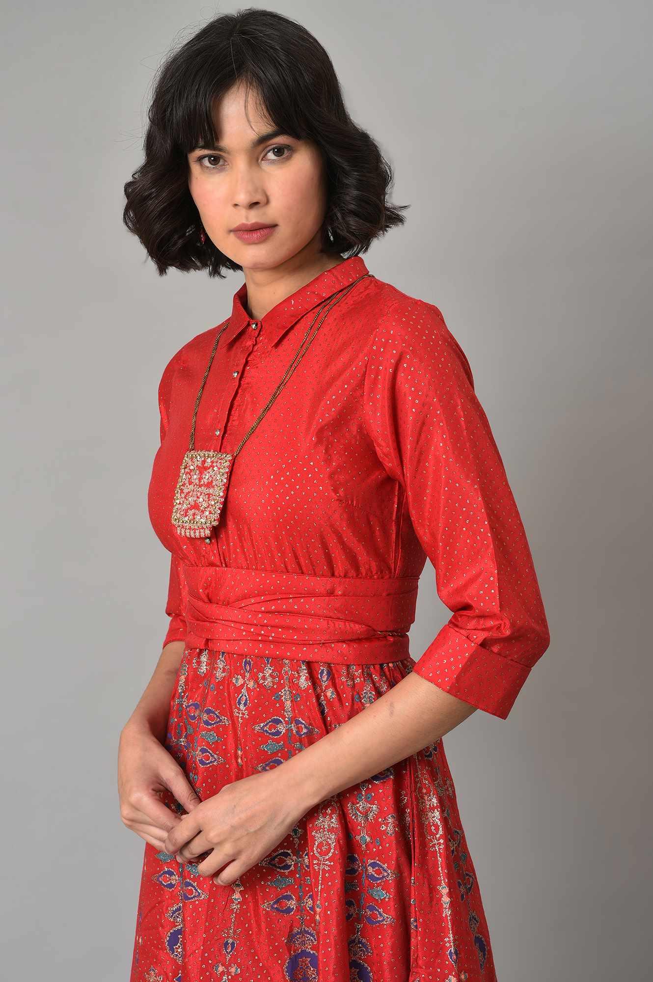 Red Glitter Printed Festive Shirt Dress With Placket - wforwoman
