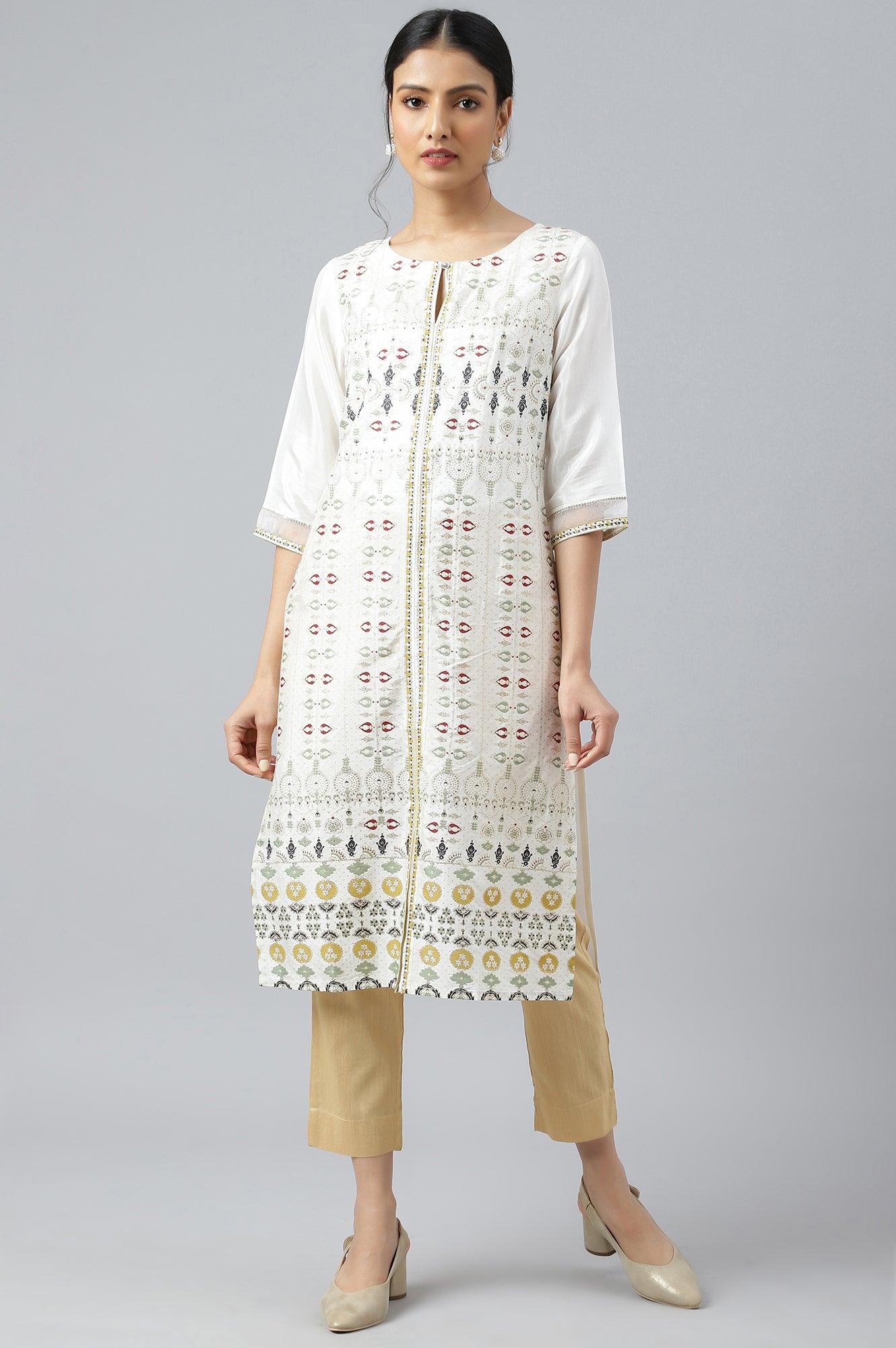 Ecru Glitter Printed kurta With Sequins - wforwoman