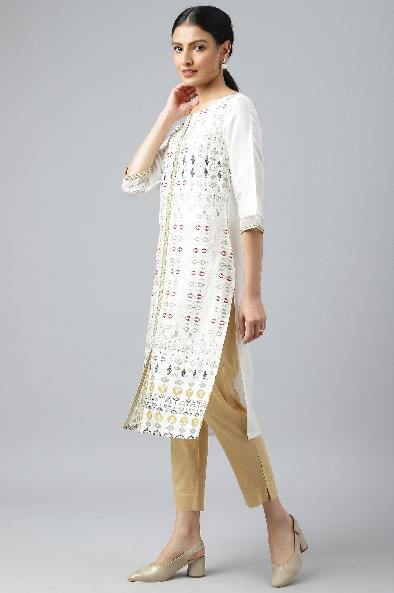 Ecru Glitter Printed kurta With Sequins - wforwoman